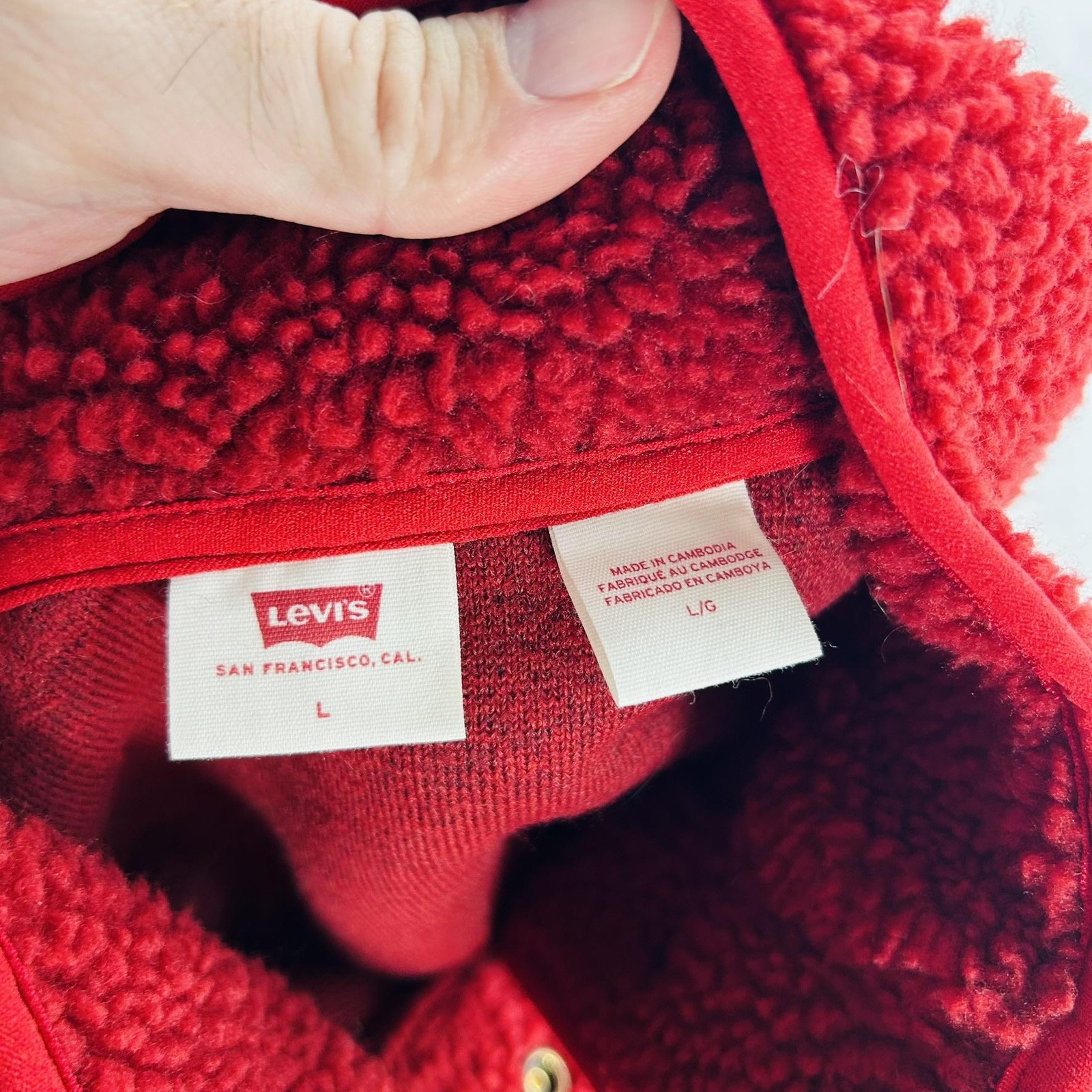 Levi’s Jacket Mens Large Red Sherpa Fleece Snap Pullover Anorak Warm Lined