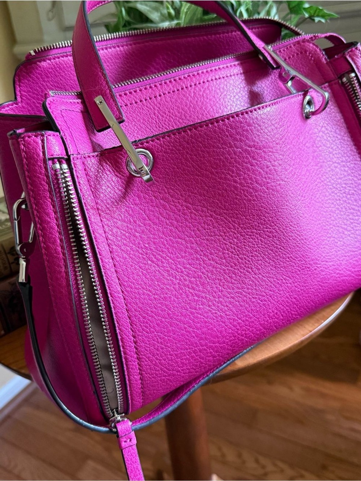 Calvin Klein Bright Fuchsia Pebbled Leather Satchel Tote with Silver Hardware