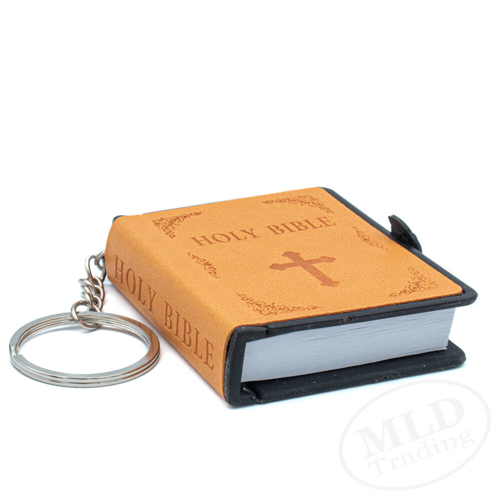 Leather Mini Bible Keychain 2.5×2″ Real Readable Text 4 Color Options w/ Keyring