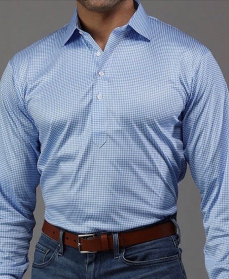 Collars and Co New Long Sleeve Semi Spread Polo 2XL Blue Micro Gingham Check