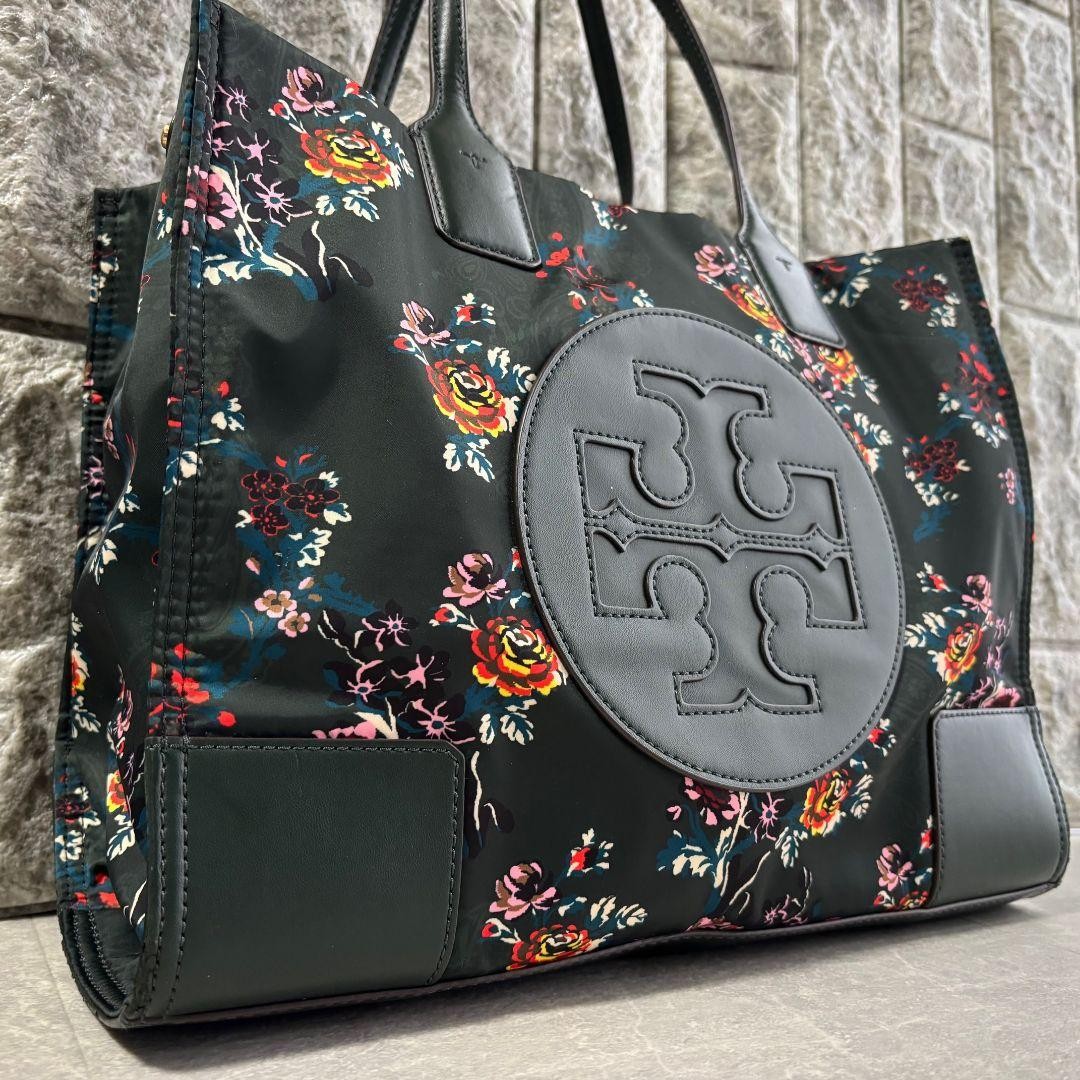 Rare Tory Burch Ella Tote Bag Floral Large Logo Shoulder Green