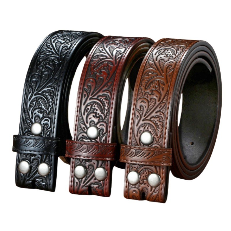 No Buckle Men’s Western Cowboy Belt Strap with Embossed Pattern