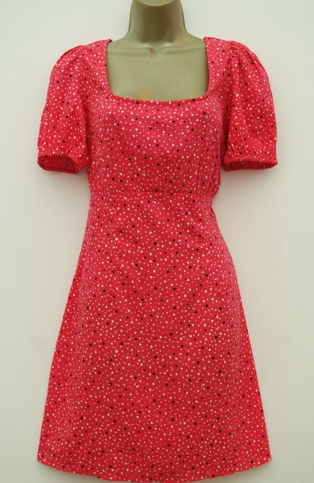 NEW LOOK PINK WHITE BLACK HEART PRINT TEA SUN DRESS SIZE 12 BNWT PUFF SLEEVES
