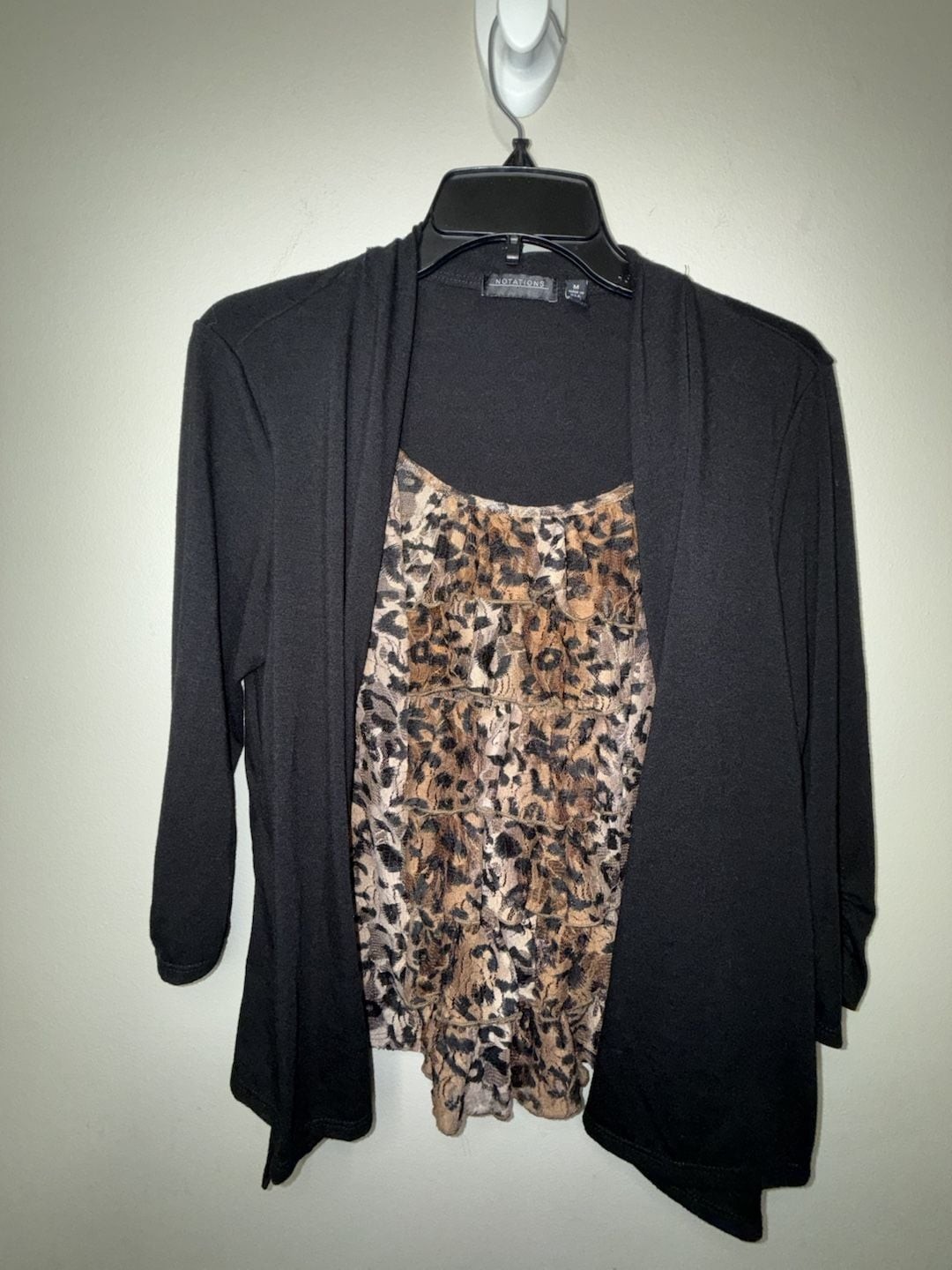 Notations Leopard Tiered Ruffle Faux Two-Piece Cardigan Top