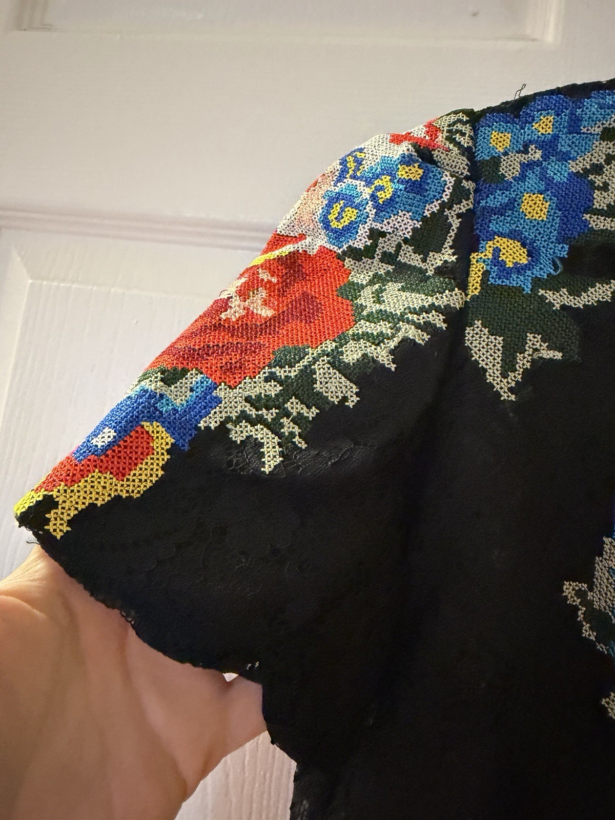 Black Lace Mini Dress with Multicolor Floral Embroidery