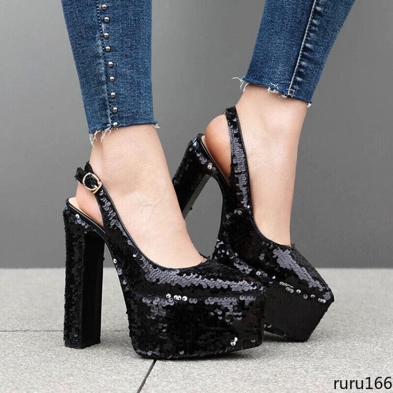 Women Sequin Platform Slingback Square Toe Block High Heel Buckle Pumps shoes