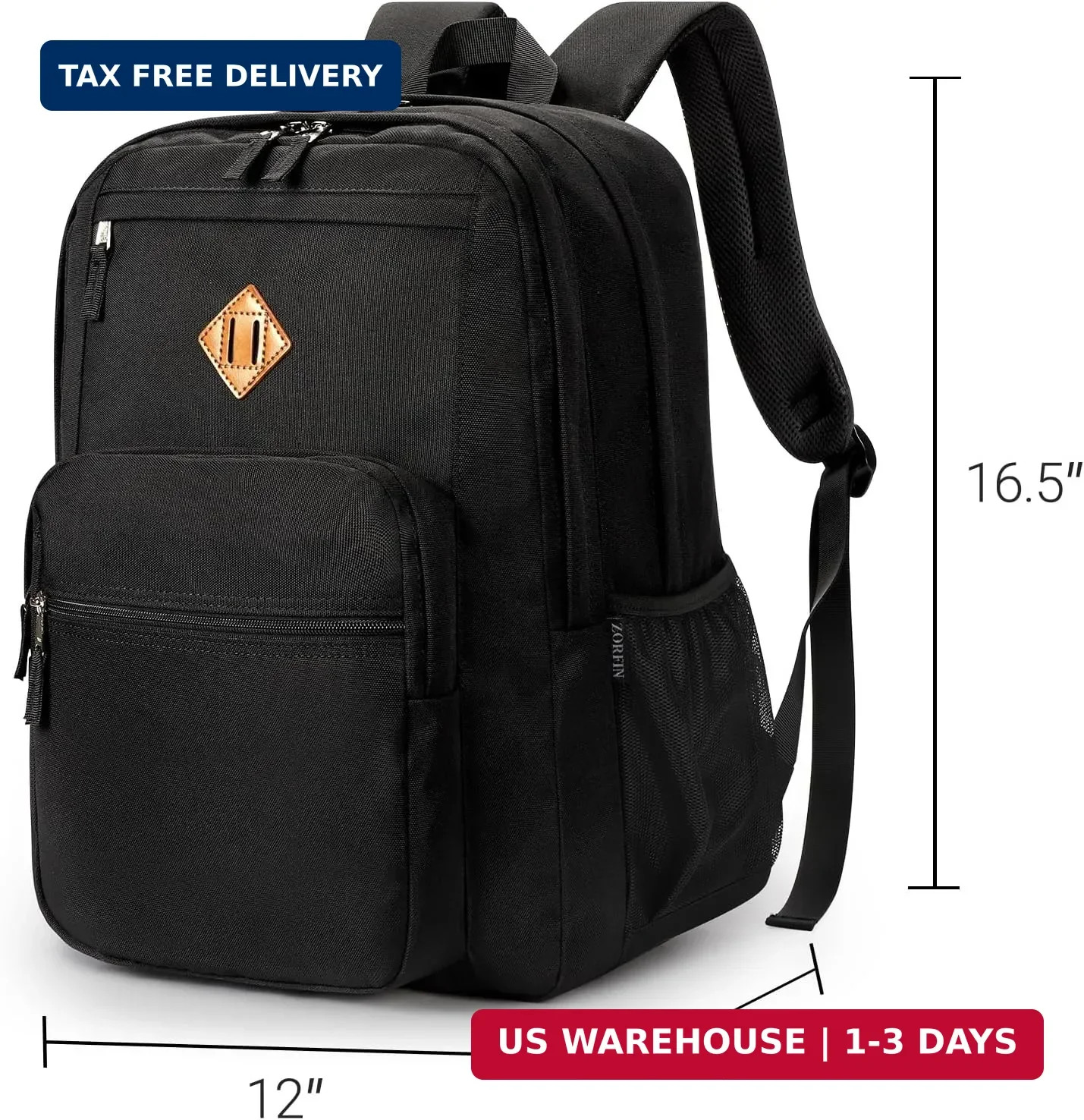 ZORFIN 26L Black Backpack for College, and Travel: Water Resistant Bookbag
