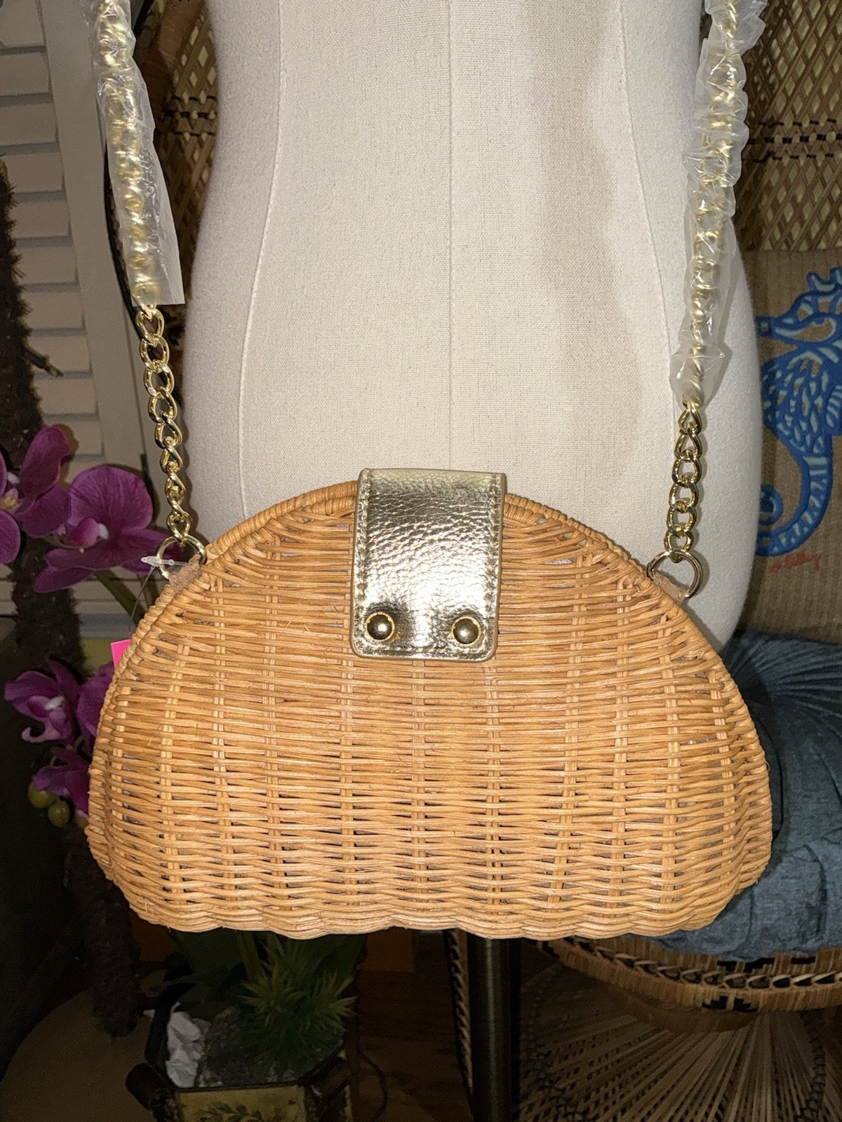 Lilly Pulitzer NWT Redford Wicker Crossbody Bag Natural