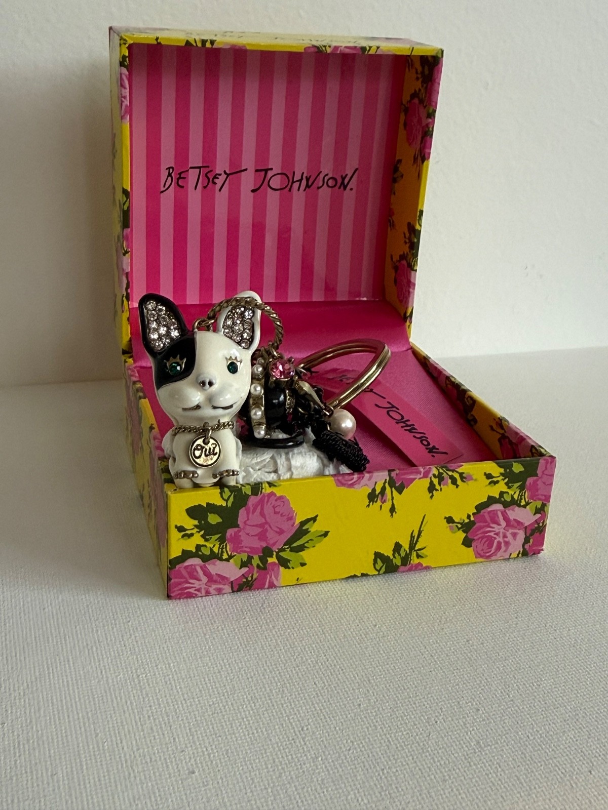 Rare Betsey Johnson Vintage Paris French Bulldog Keychain Bag Charm New In Box