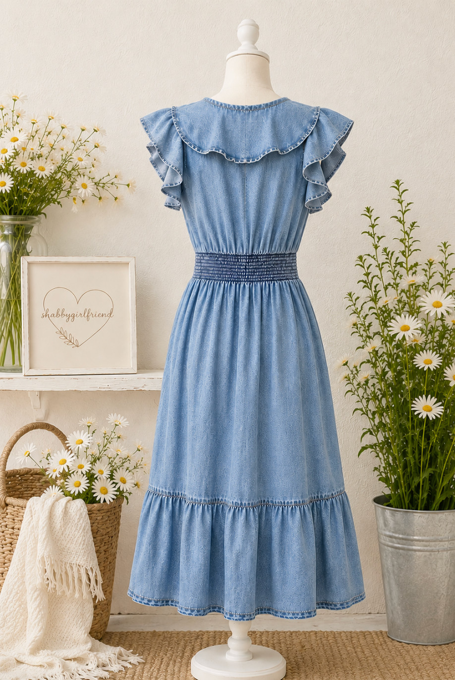 INC International Concepts Indigo Chambray Linen Blend Midi Dress Ruffle NWT 14