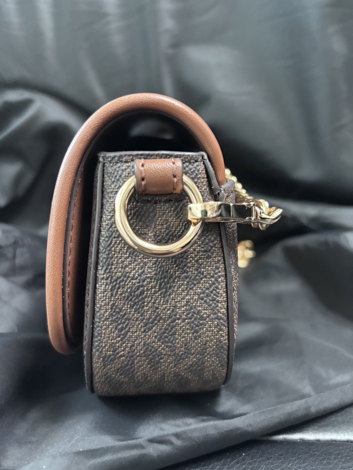 Michael Kors Brown Monogram Small Shoulder Bag Gold Chain Strap Magnetic