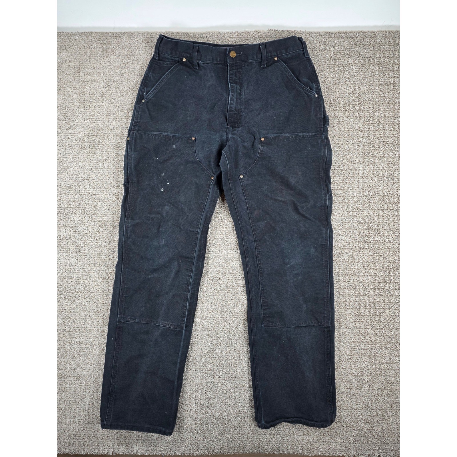 Carhartt B01 BLK Double Knee Painted Distressed Dungaree Pants Black 34×33 Mens