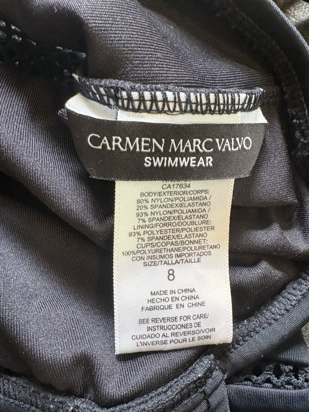 Carmen Marc Valvo Mesh Spliced Square Neck One Piece Swimsuit Black Size 8