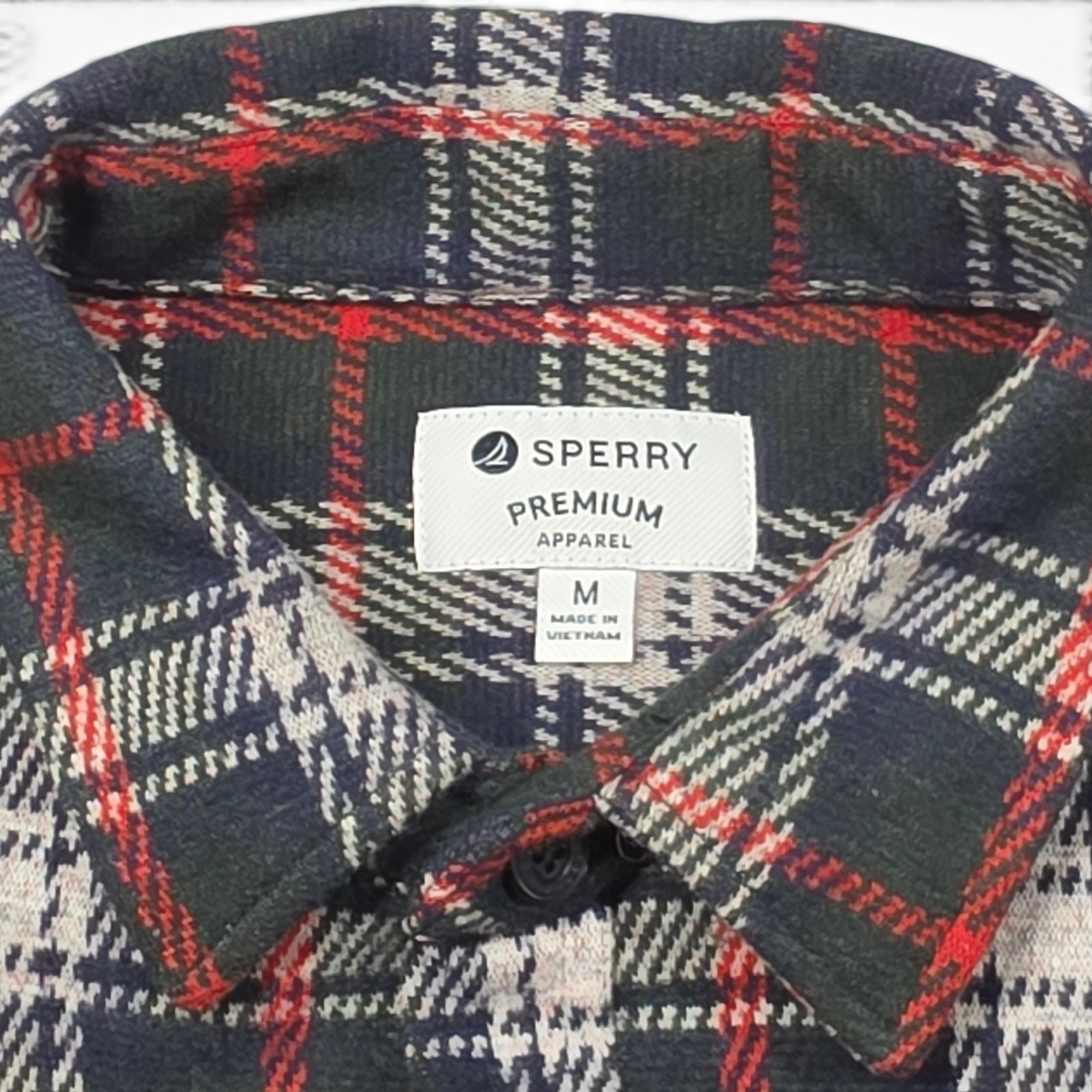 Sperry Plaid Flannel Shirt Men’s M Green Red Button Front 2 Pocket Stretch