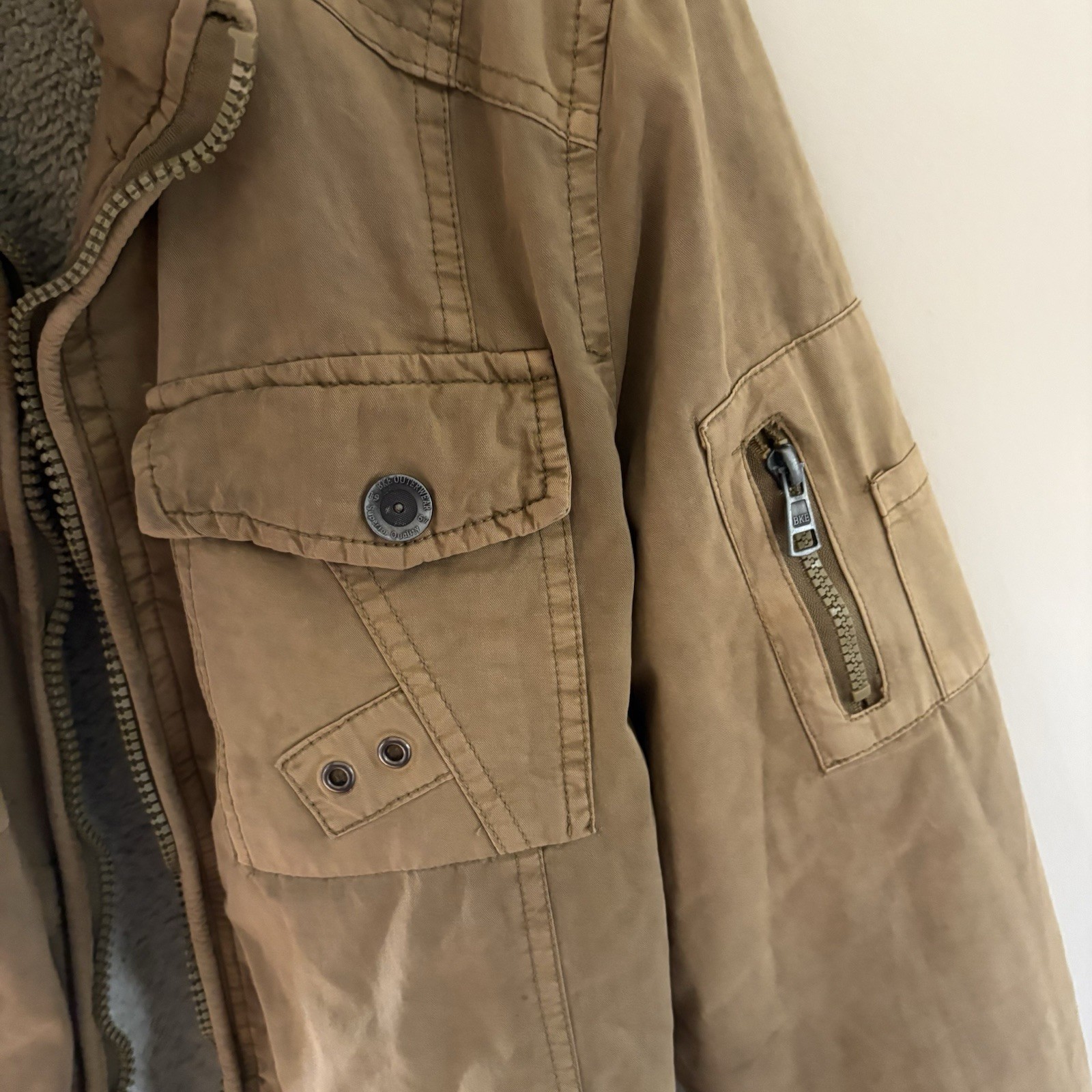 BKE Men’s Brown Bomber Jacket Sherpa Lined Zip/Button Pockets Size M