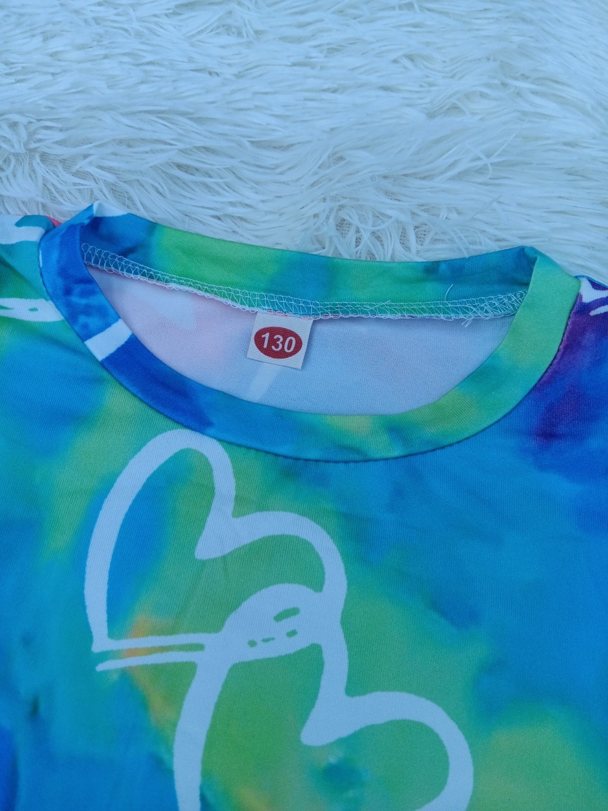 Girls Tie-Dye Heart Print Crew Neck Short Sleeve Stretch T-Shirt Size 130