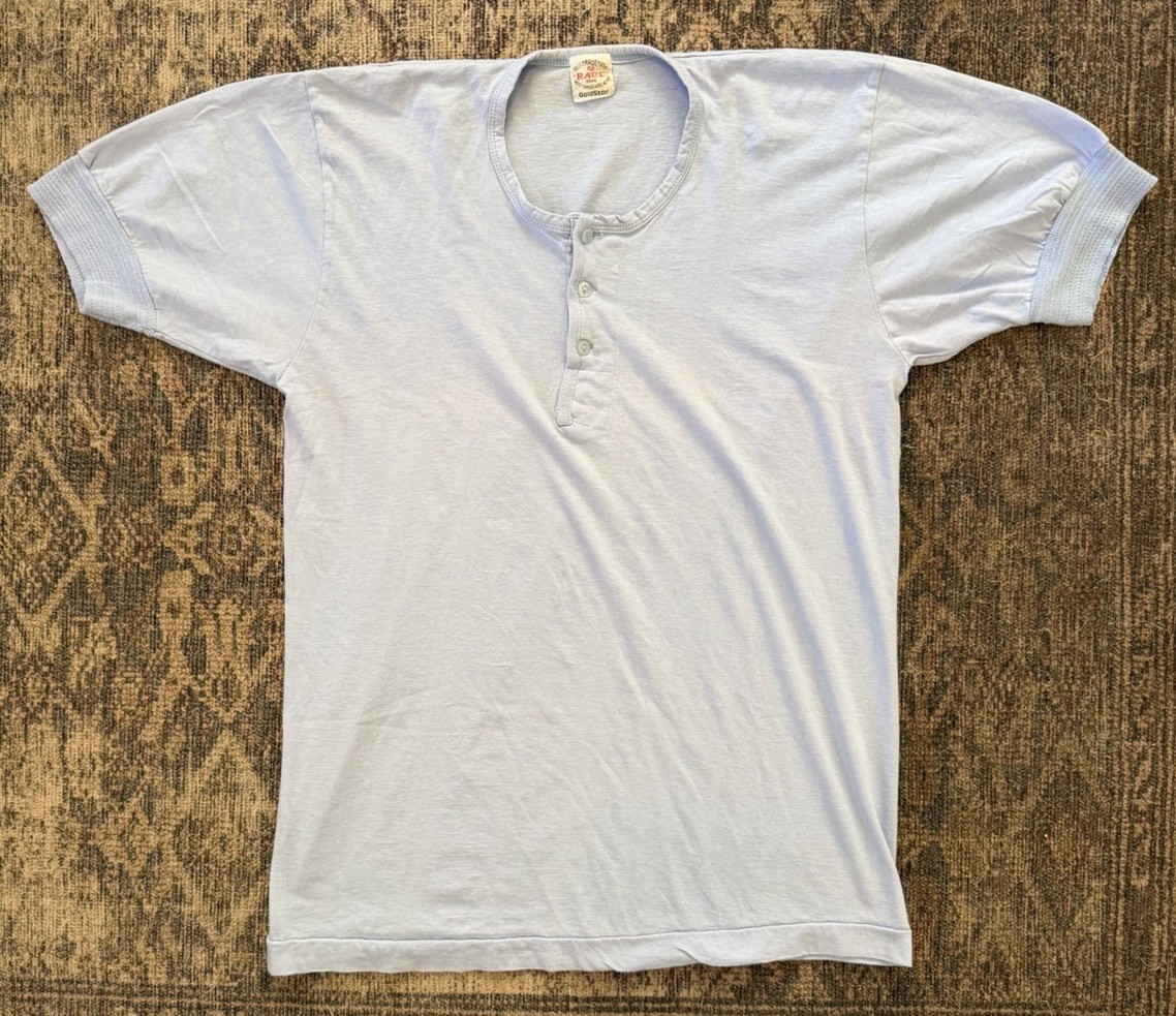 VTG 60s Race Brand Goldstar Light Blue Henley T-Shirt Mens 42 (M) Single Stitch