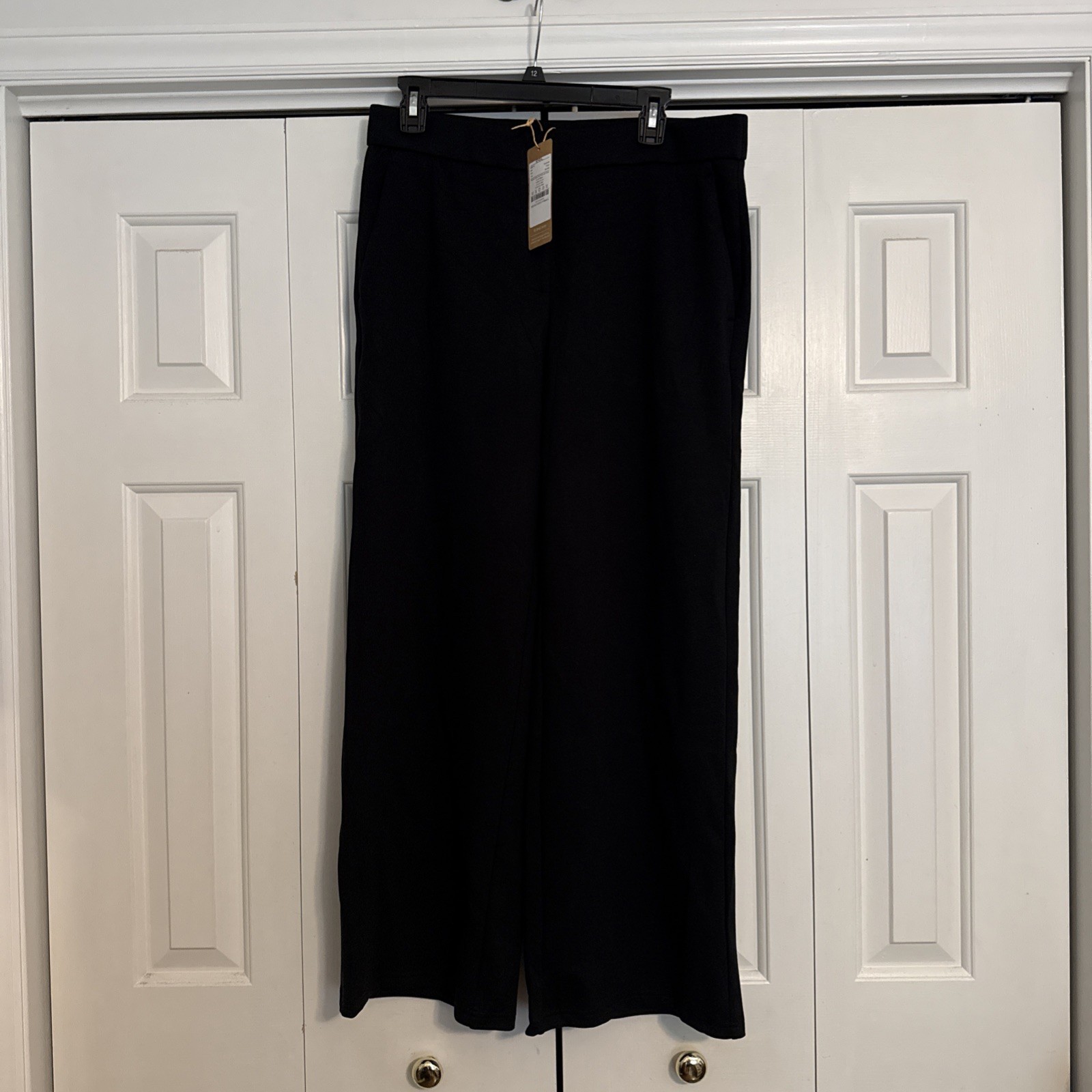 OGL Textured Mid Rise Pull On Straight Pants Pockets, Petite Large, Black