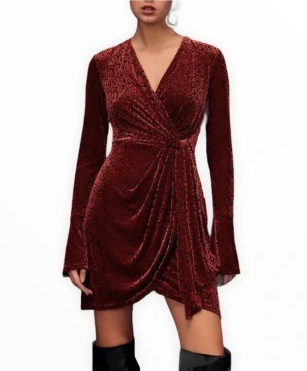 C/Meo Collective Breakthrough Velvet Bell Sleeve Mini Dress Size L Berry