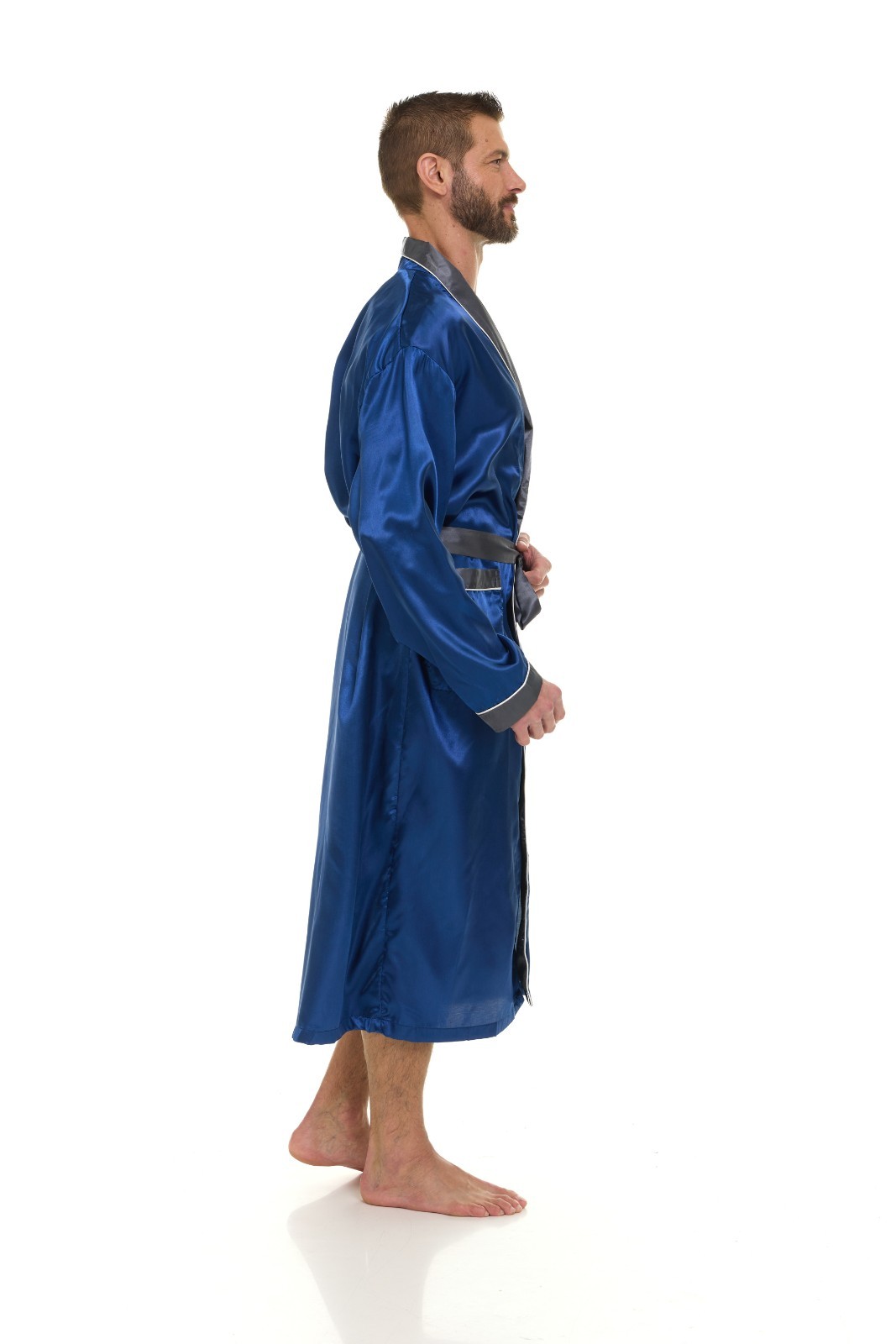 Mens Silk Satin Robe – NAVY / GRAY COLLAR – ” 5 day Delivery – USA ”