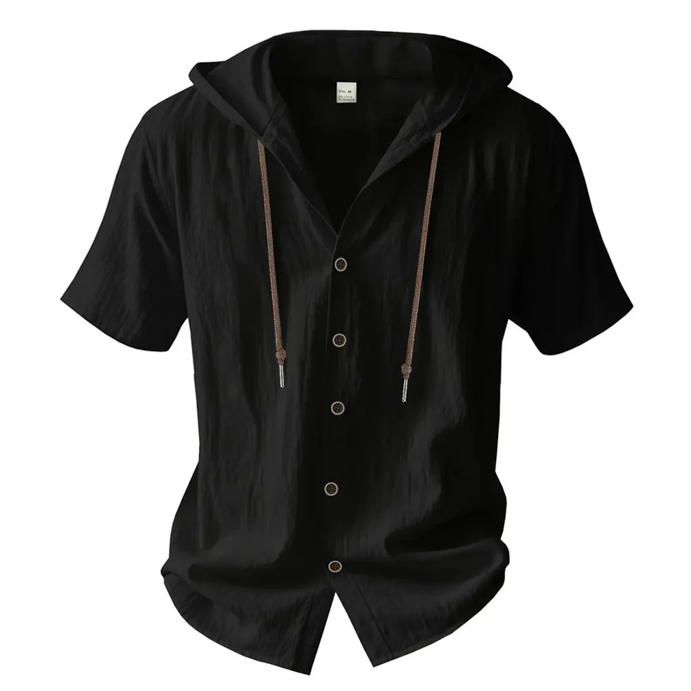 Men Cotton Linen Hooded Shirt Short Sleeve Breathable Casual Hoodie Summer Gift