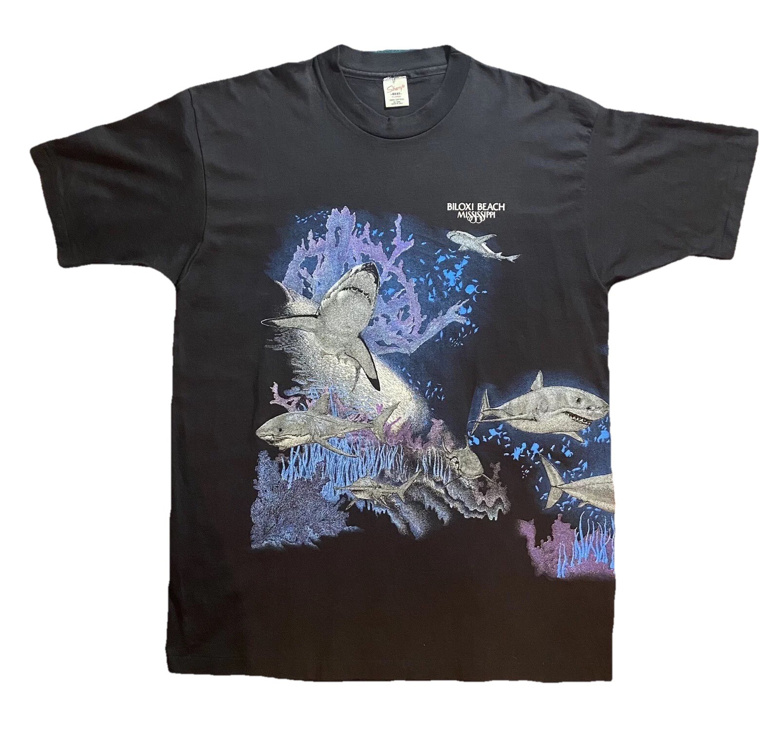 VTG 1992 Biloxi Beach Mississippi T-shirt Wrap Around Shark Breeds Sherry’s Best