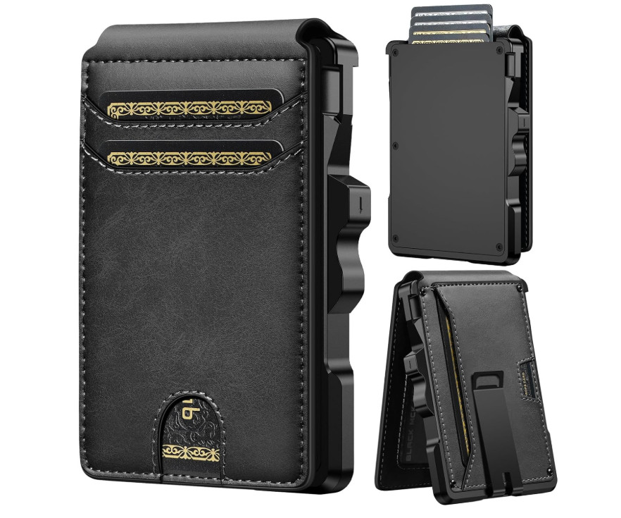 Minimalist Smart Wallet RFID Blocking Pop Up Card Holder Leather Money Clip Blac