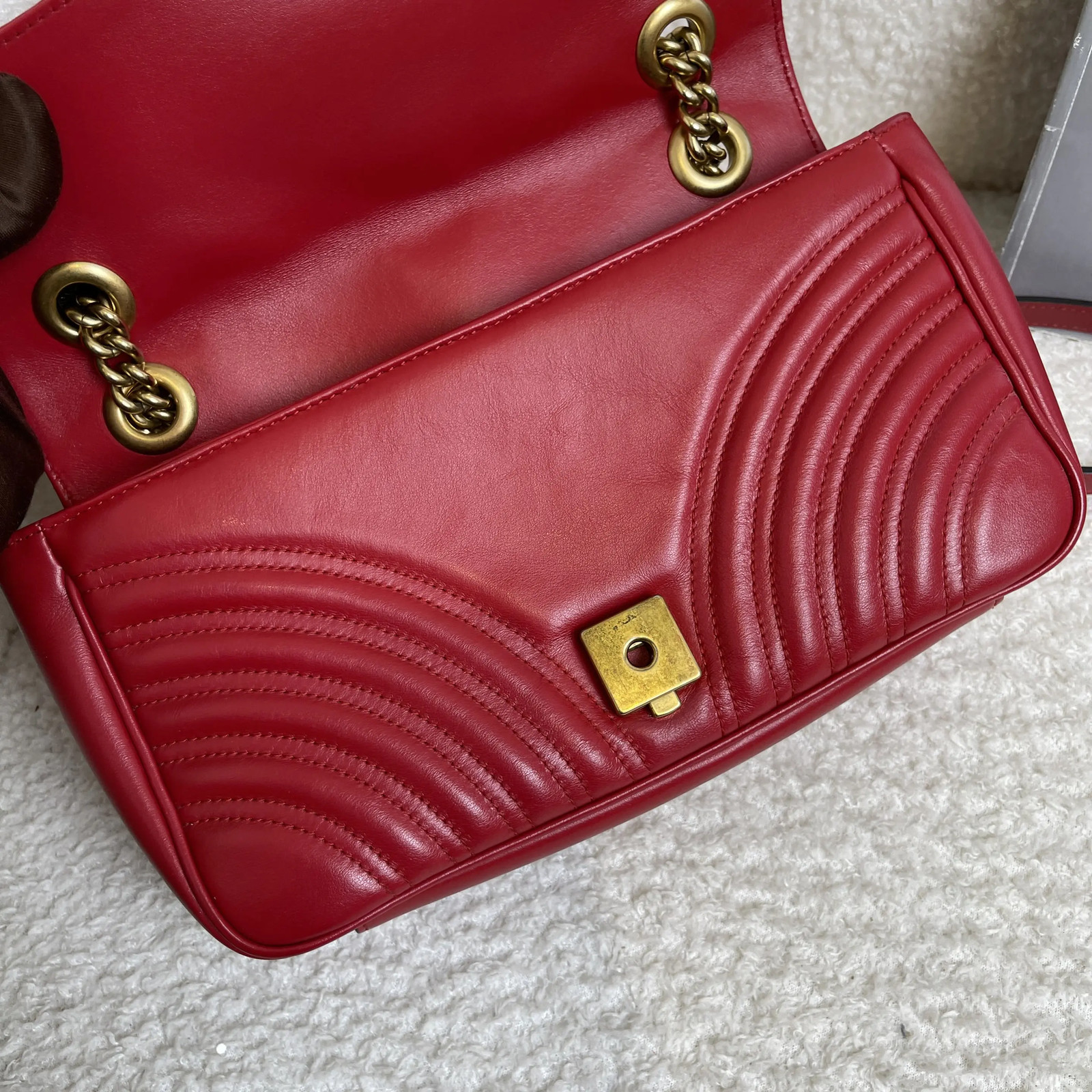 Gucci GG Marmont Red Leather Shoulder Bag Gold Hardware
