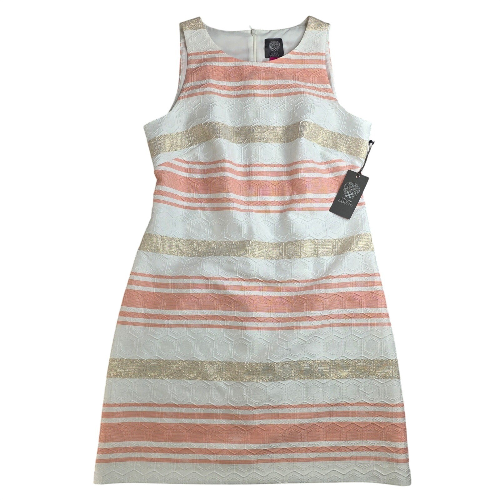 NWT Vince Camuto Sheath Dress Womens 8 White Coral Gold Metallic Striped Preppy