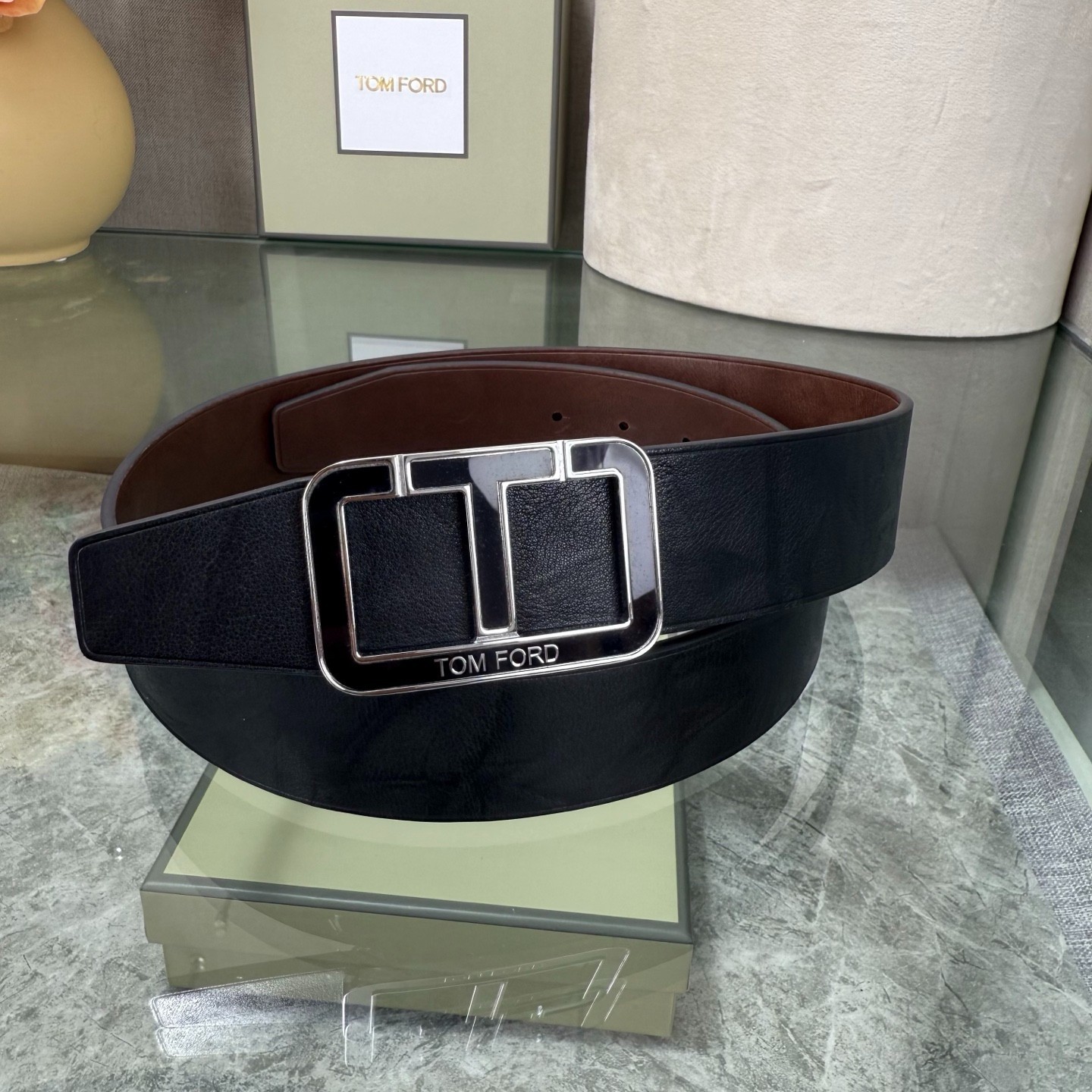 Authentic Tom Ford Reversible Leather T-Buckle Belt Luxury Designer Fashion