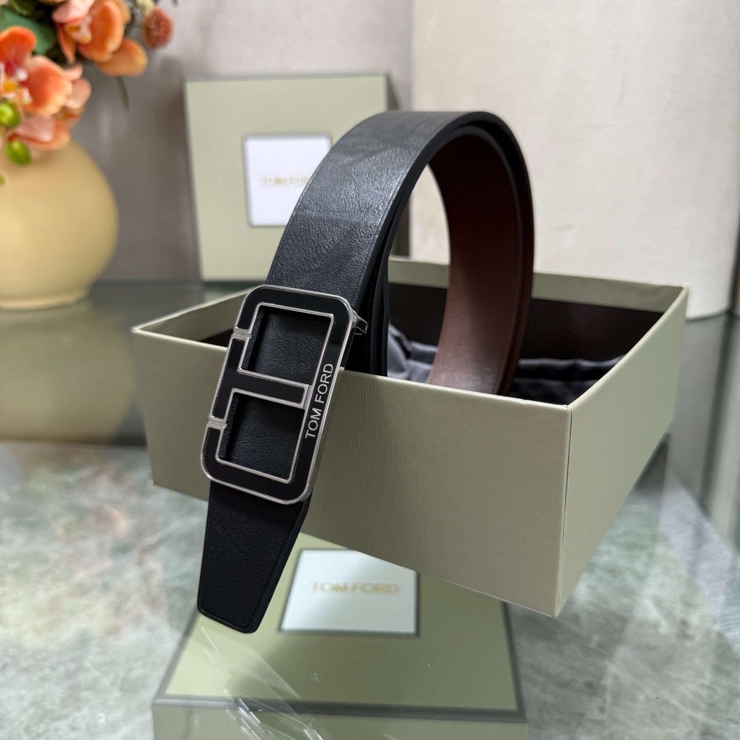 Authentic Tom Ford Reversible Leather T-Buckle Belt Luxury Designer Fashion