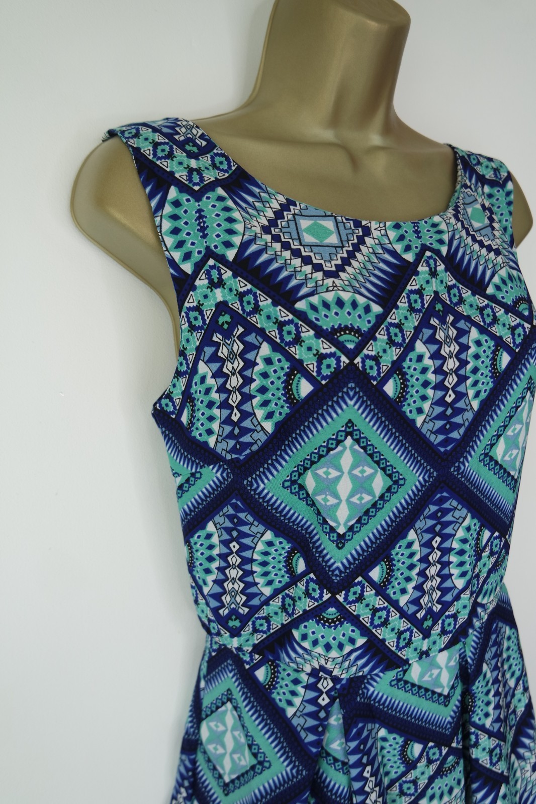 MELA LOVES LONDON BLUE GREEN WHITE PRINT SKATER TEA DRESS SIZE 14 SUN ZIP BACK