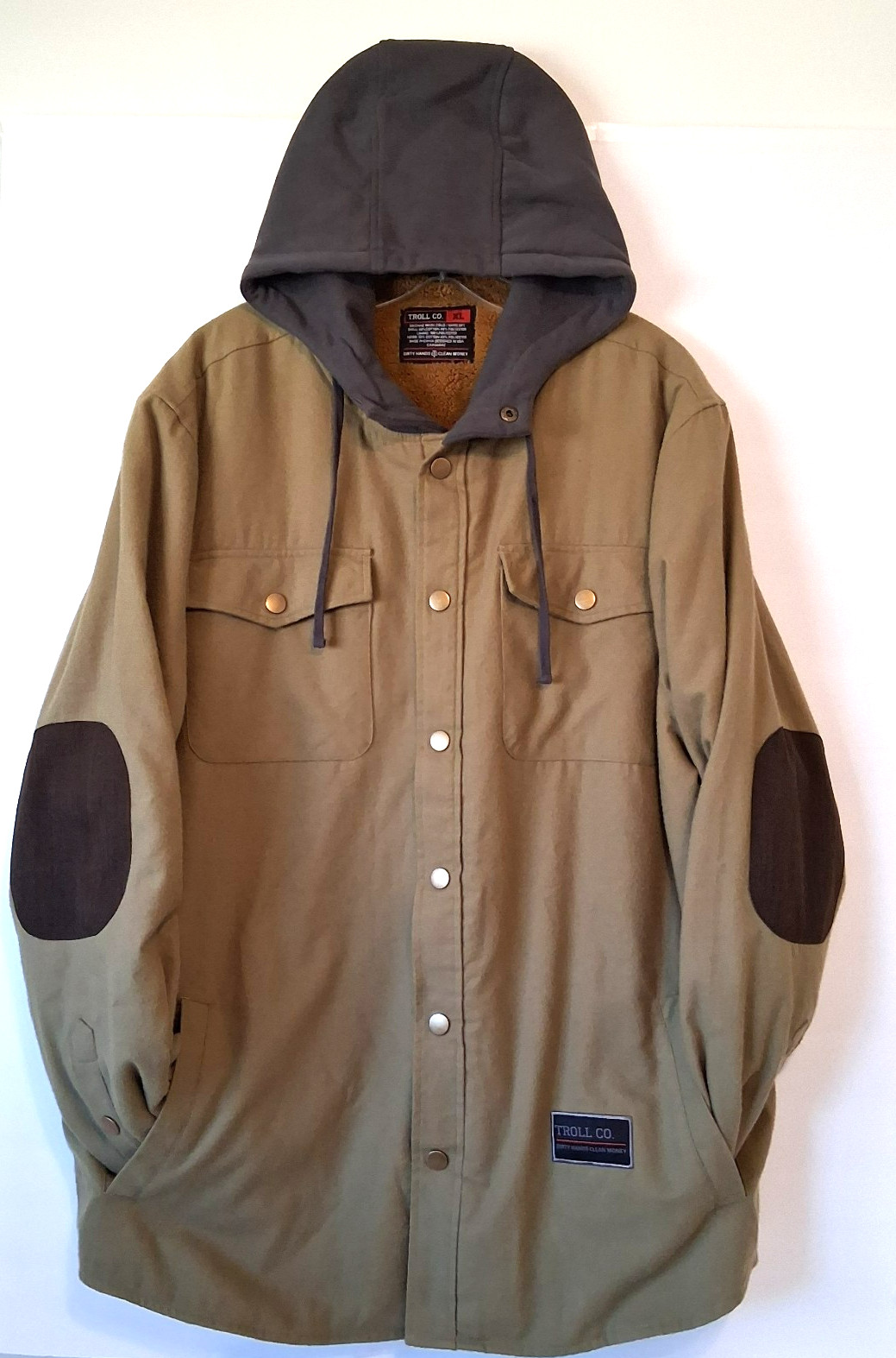 Troll Co Canvas Chore Coat Barn Jacket Mens XL Elbow Patches Lined Green Hooded