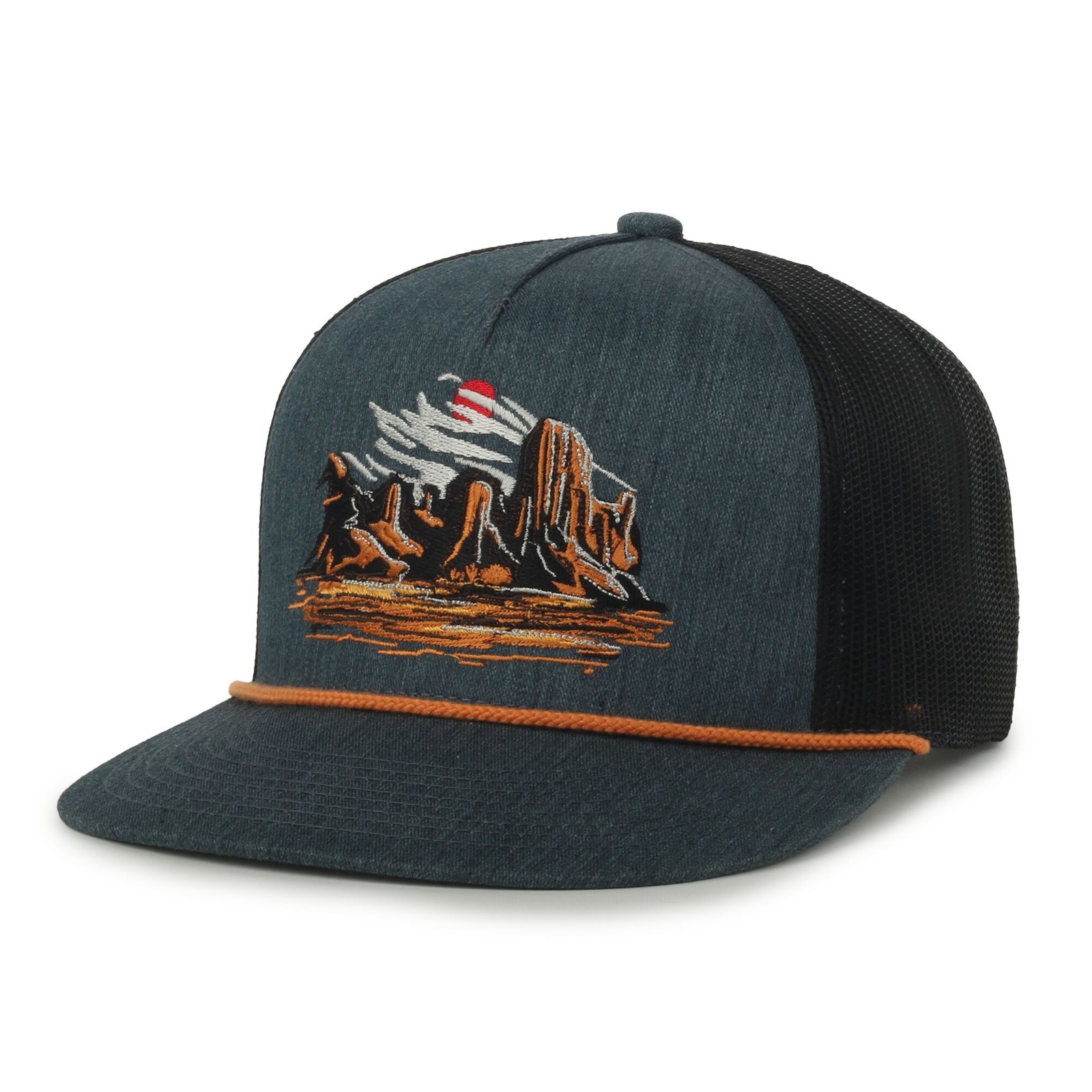 Outdoor Cap Western Desert Scene Trucker Hat in Navy Black Mesh Back, High Crown