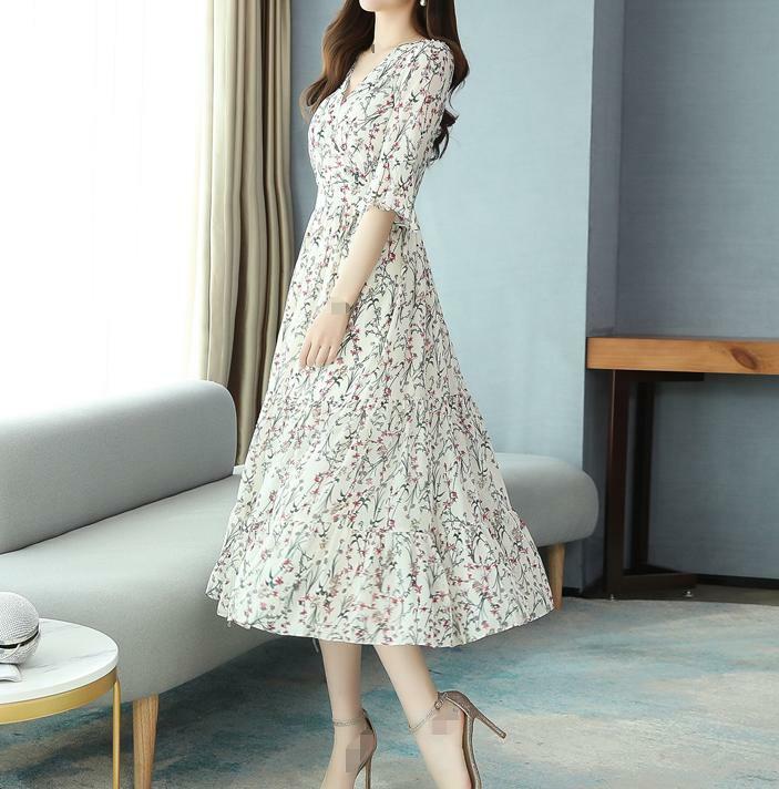 Women’s Floral Print V-Neck 3/4 Sleeve Beach Chiffon Long Maxi Dress Slim New