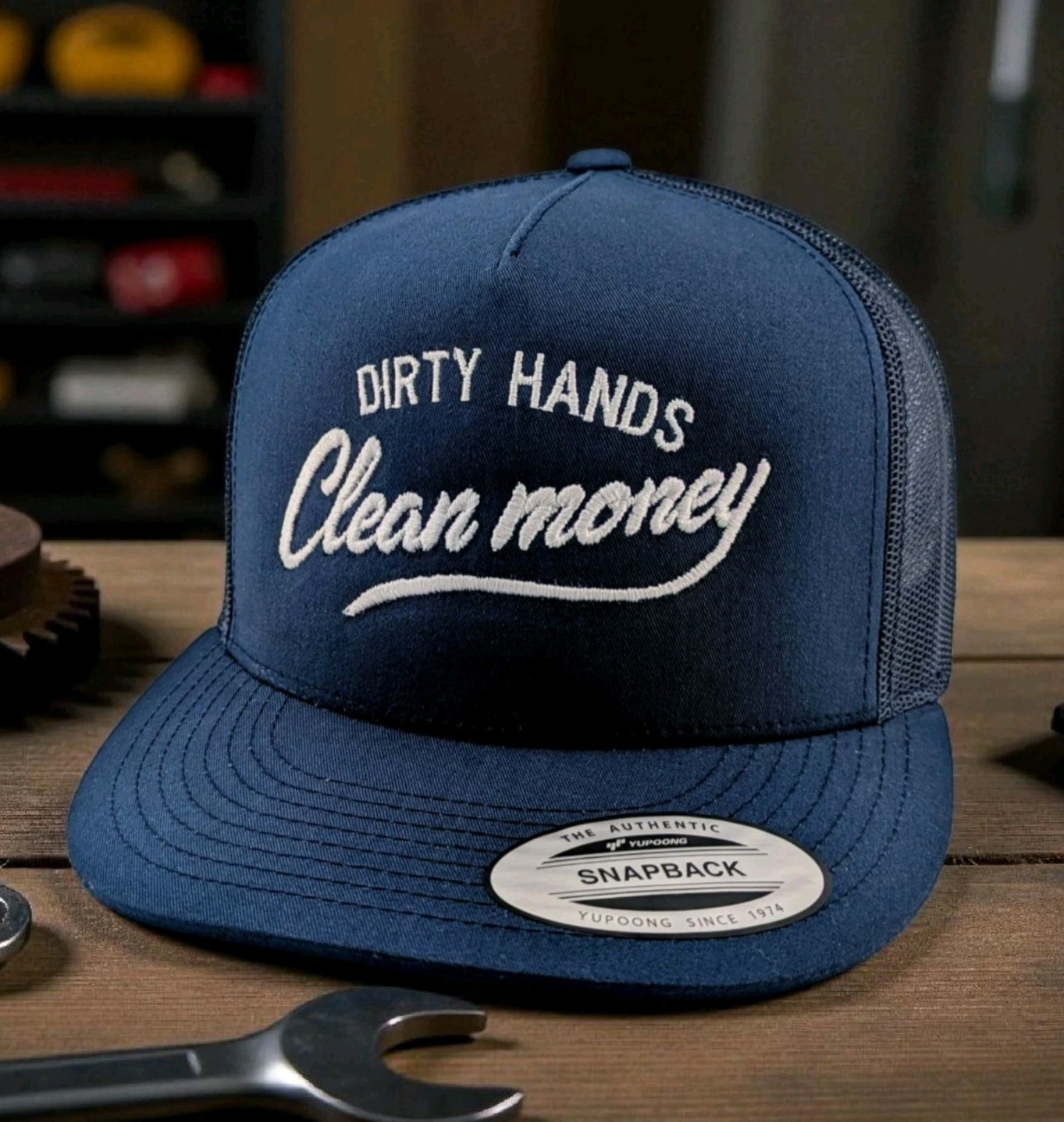 Dirty Hands Clean Money Hat Flat Bill Yupoong Original Snap-Back Blue