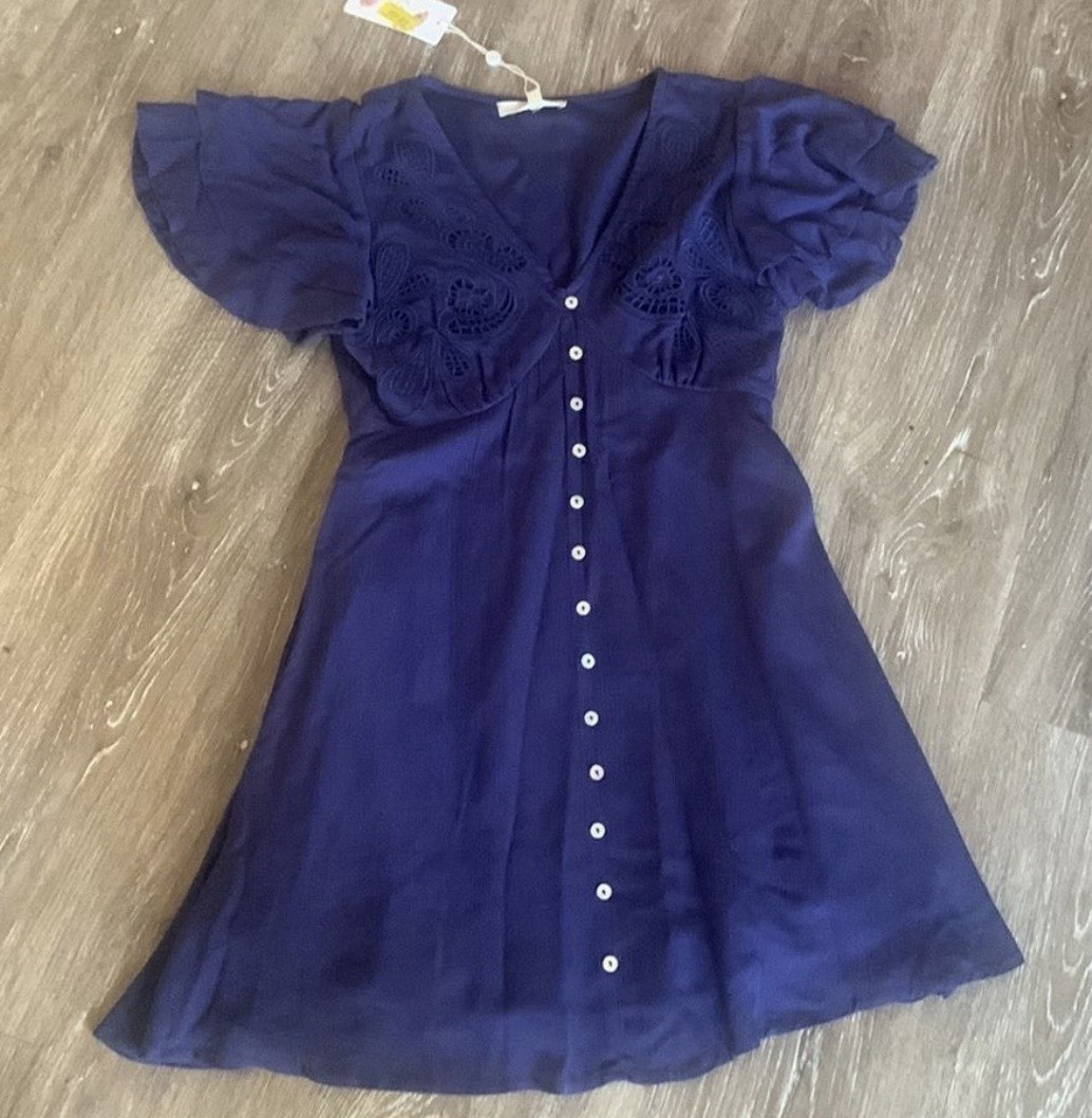 Chelsea & Violet Blue Solid Embroidered Button Front V-Neck Dress XS Lined