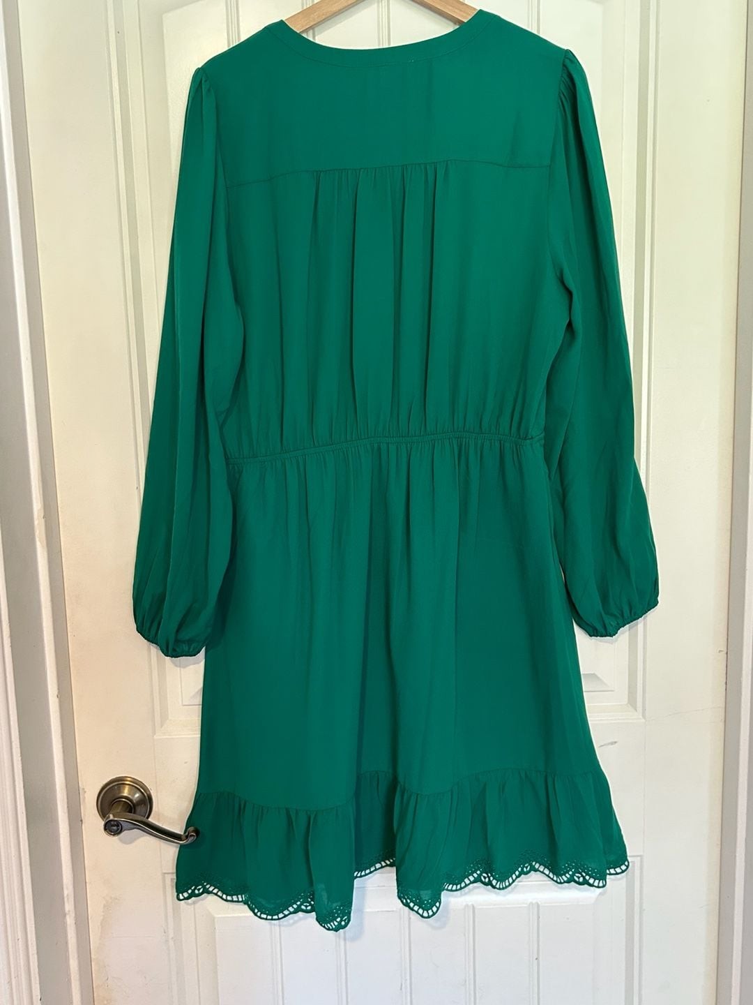 Daniel Rainn Long Sleeve Eyelet Trim Notch Neck Ruffle Mini Dress