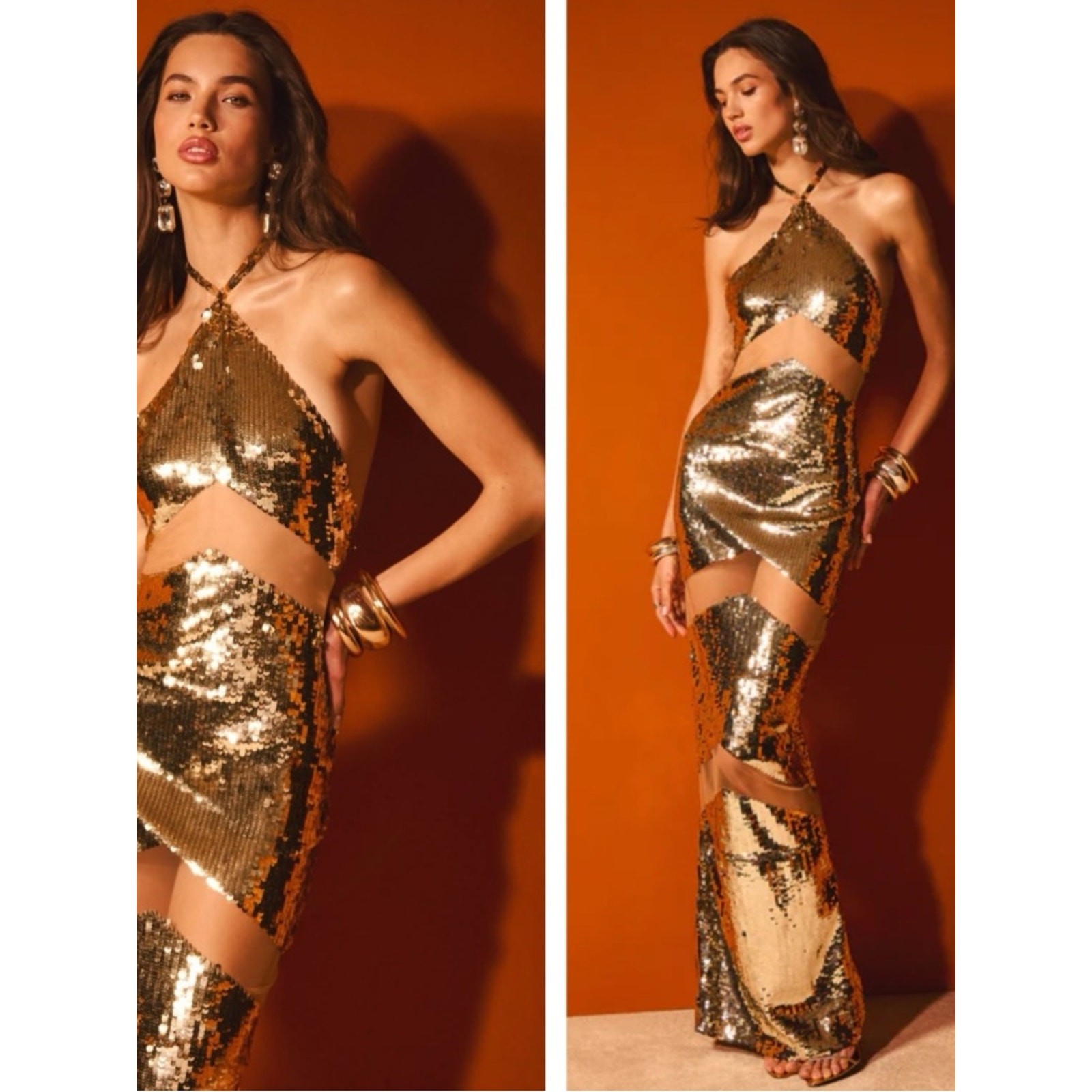 RETROFETE Kaeli Sequin Embellished Sheer Gold Maxi Dress Size Small