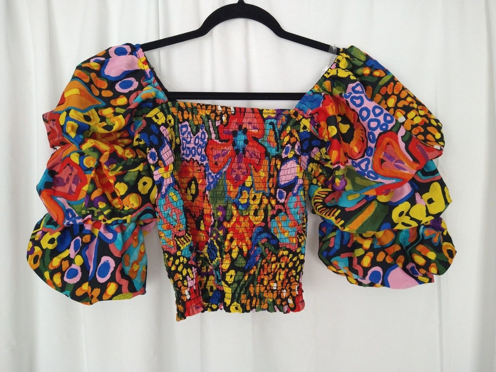 NWOT Live 4 Truth Colorful Sz S Crop Top Puff Sleeve Smocked Stretch Tropical