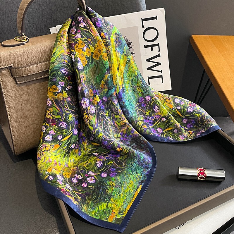 100% Silk 27″ Square Scarf Women Neckerchief Wrap Bandana Floral Oil Painting