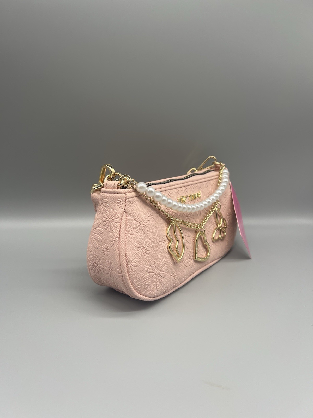 Betsey Johnson Pink Embossed Shoulder Bag Zip Pearl Chain Detach Strap NEW