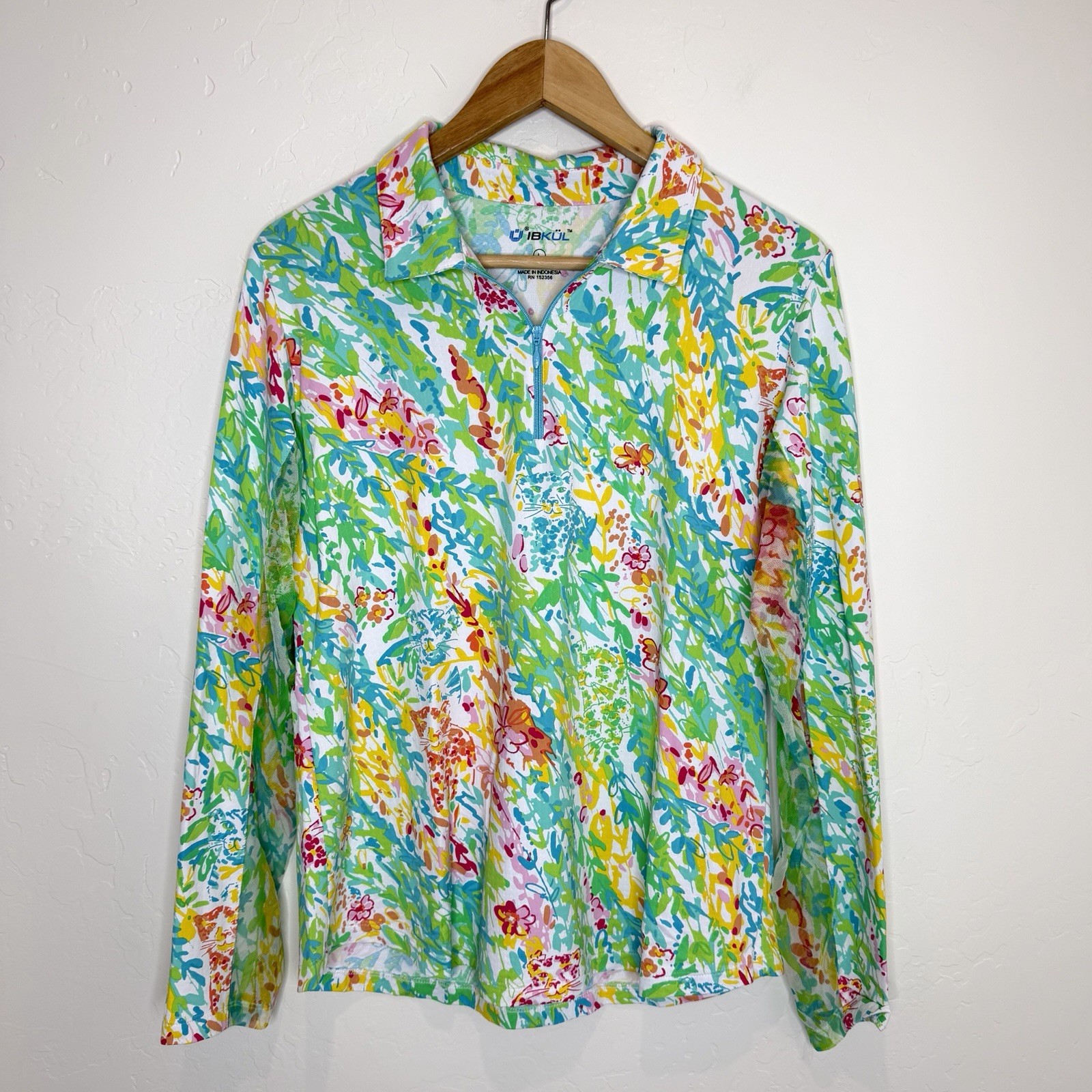 Ibkul Quarter Zip Performance Top Womens Large Tiger Multi Print Long Sleeve
