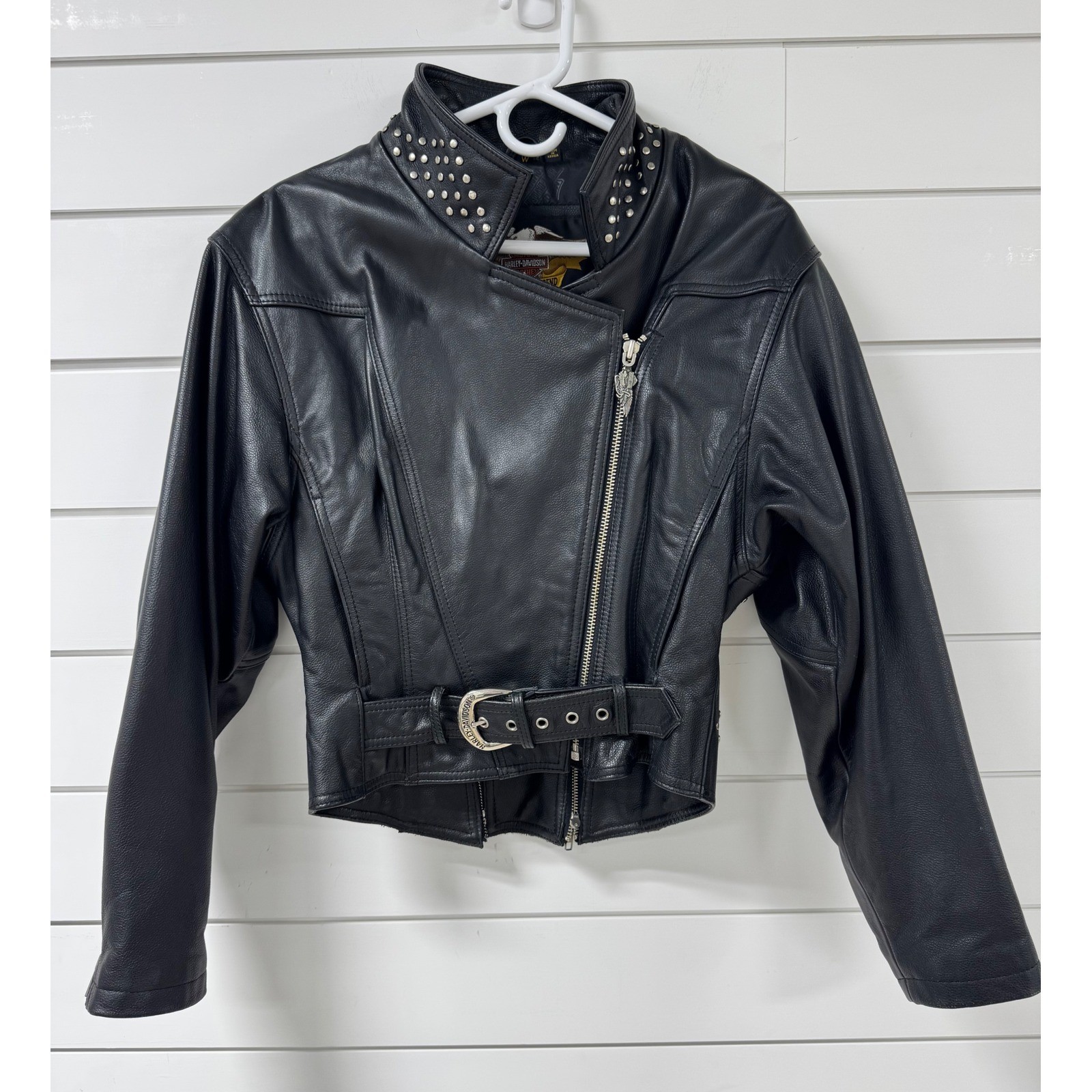 Harley-Davidson Womens Black Leather Studded Belted Moto Biker Jacket Cropped
