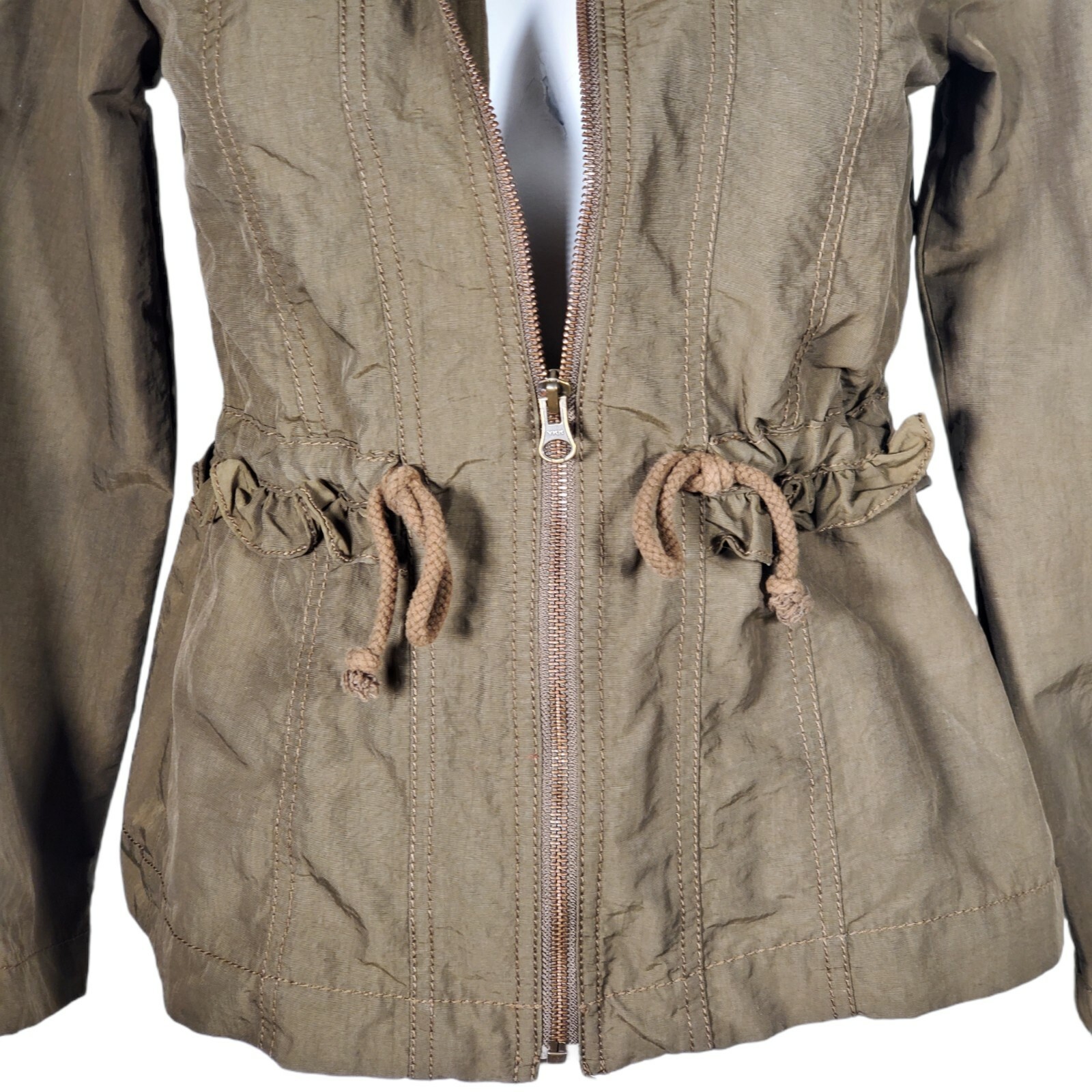 LOFT Bomber Jacket Coat Olive Green Army Ruffle Cinched Adjustable Wasit