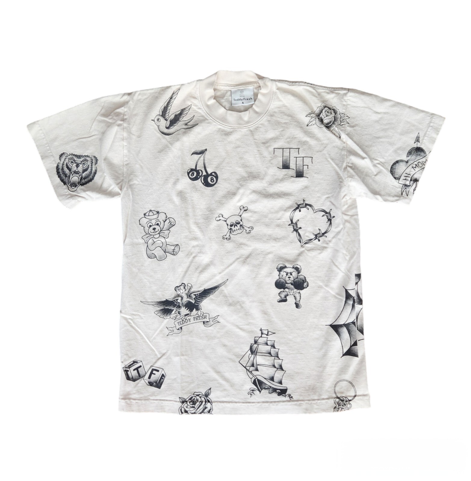 Teddy Fresh Vintage Tattoo Tee T-shirt Size S Women’s Men’s Cream Black Unisex