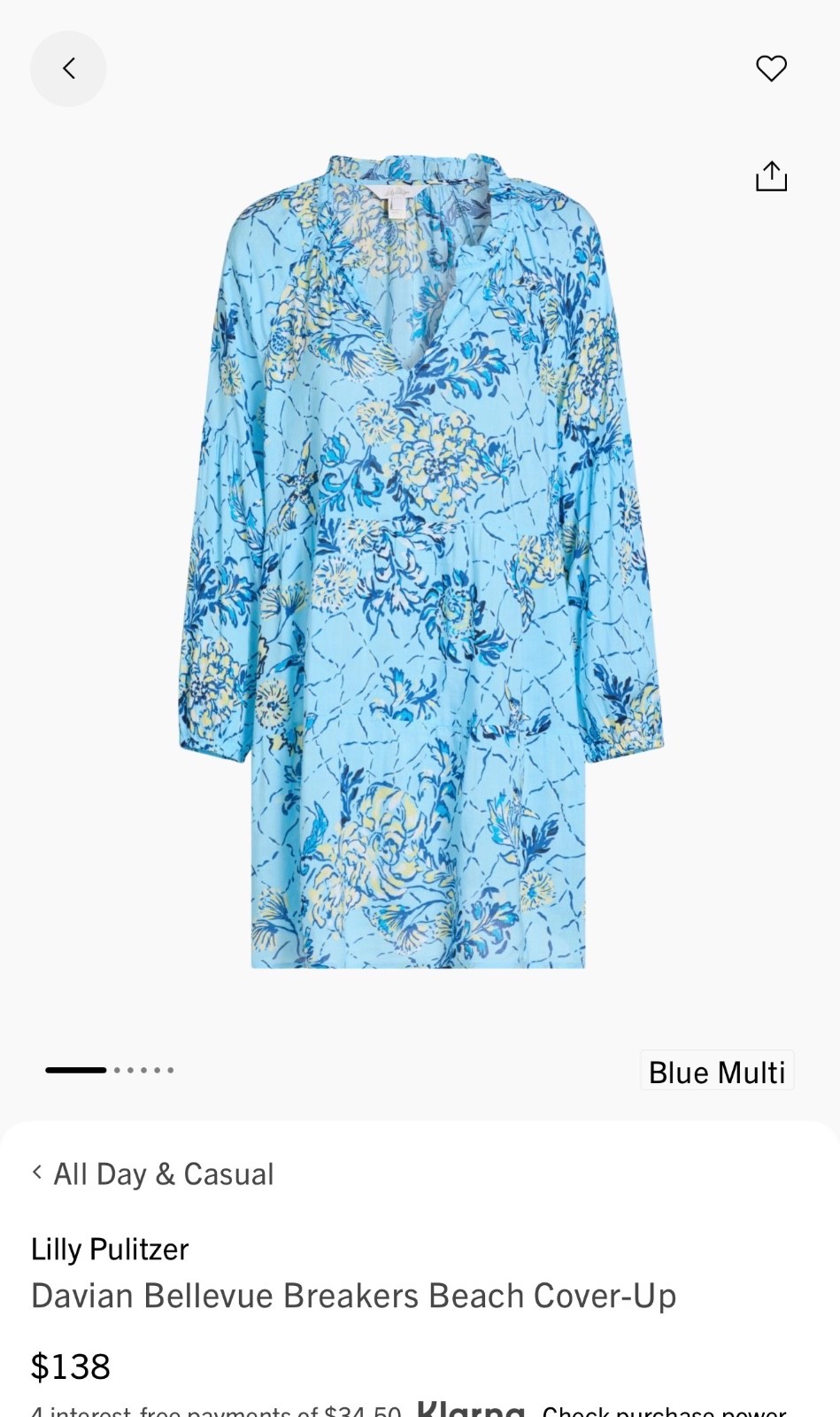 lilly pulitzer BELLEVUE BLUE BREAKERS BEACH coverup DAVIAN LONG SLEEVE Size M