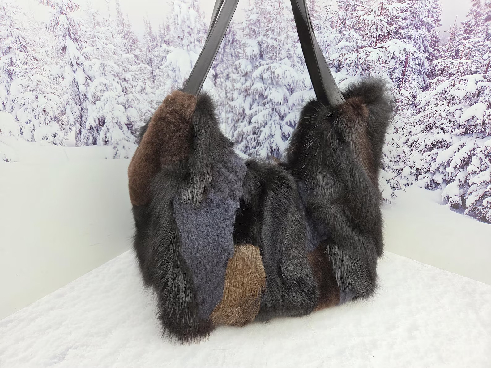 Real fur tote bag Patchwork Big fur shopper bag Women purse Gift for women