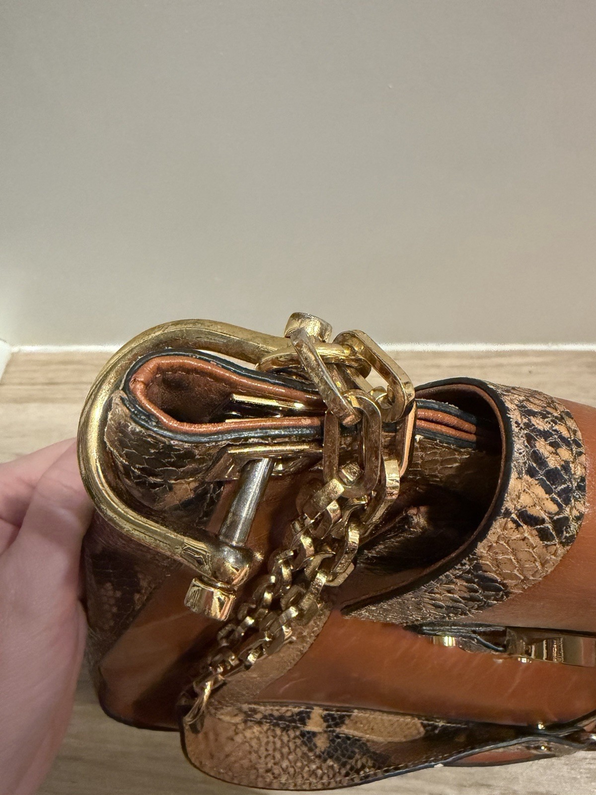 TORY BURCH COGNAC & EXOTIC LEATHER CHAINED STRAP SHOULDER HANDBAG