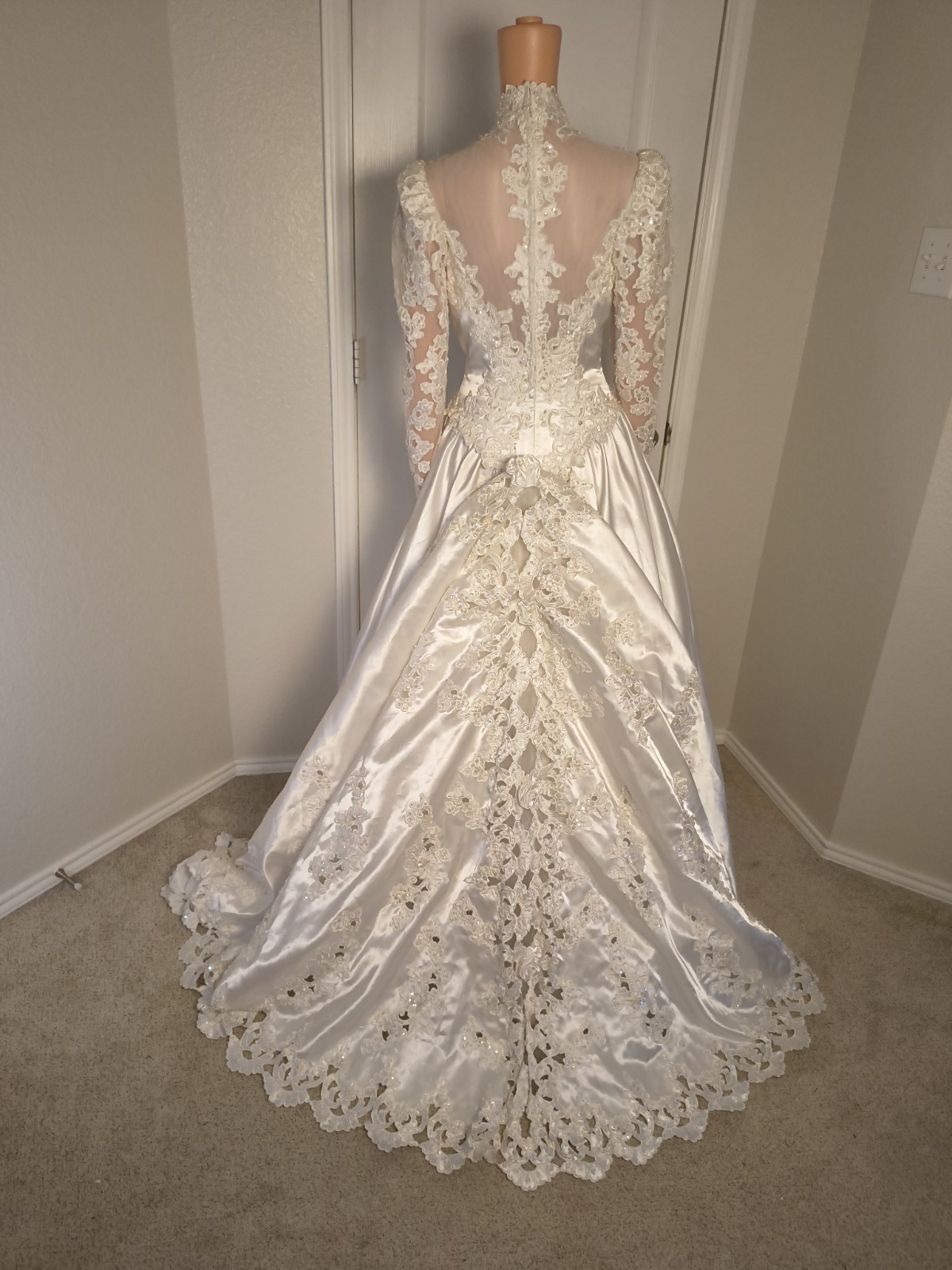 Vintage Victorian High Neck Wedding Dress Satin Lace 80s 90s Size 8 Mori Lee -43